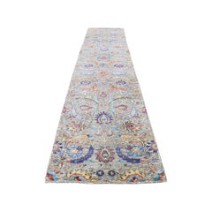 Hand Knotted Sickle Leaf Design Silk with Oxidized Wool Runner Rug