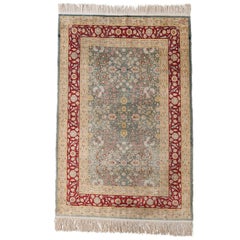 Hand-Knotted Silk Hereke Prayer Rug with Floral Motif, Signed from Turkey