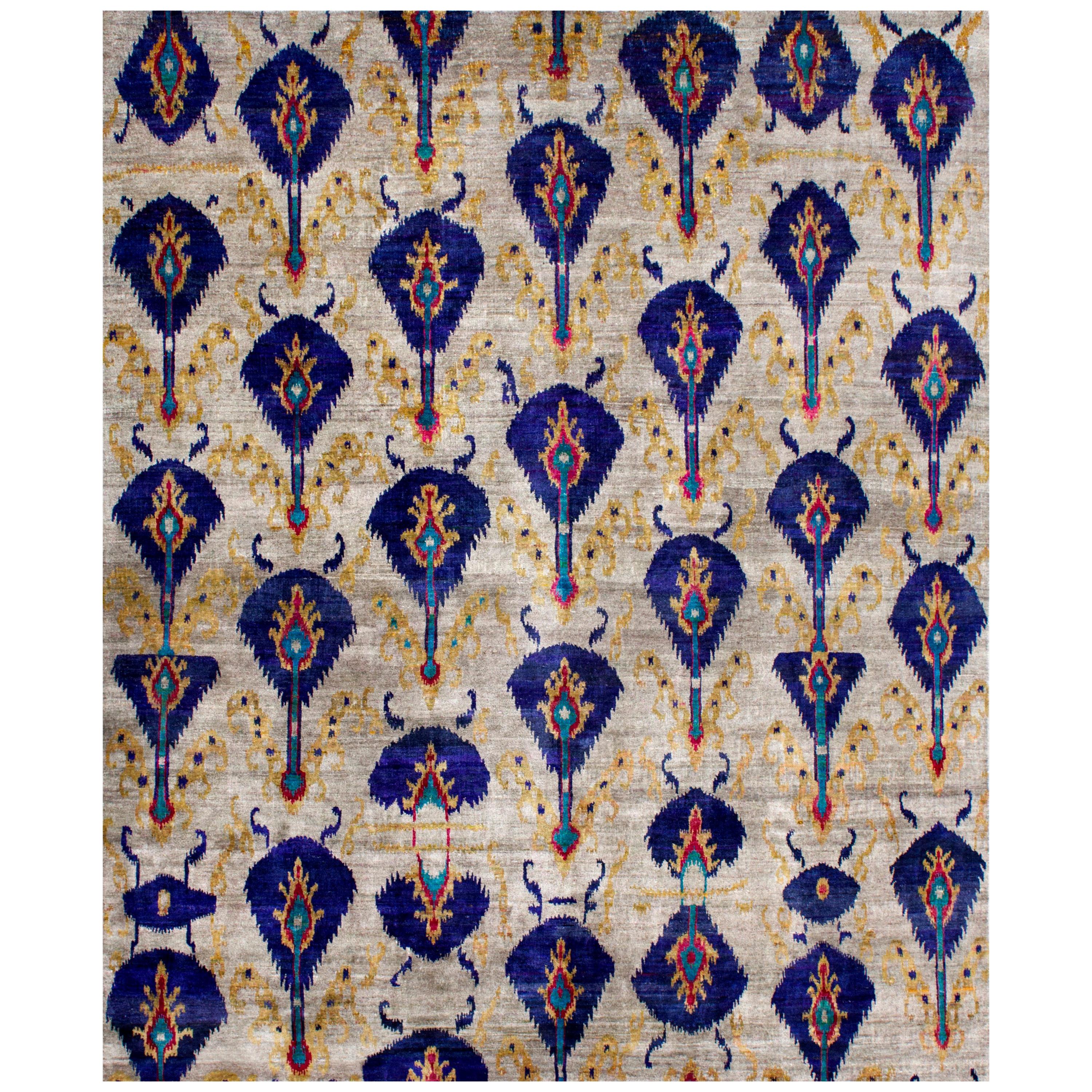 Tapis en soie nouée à la main gris argenté et bleu cobalt - Tapis transitionnel en stock