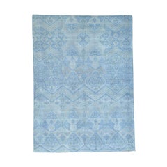 Hand Knotted Sky Blue Overdyed Ikat Pure Wool Oriental Rug