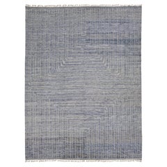 Hand-Knotted Slate Blue Moroccan Wool Rug  Modern Geometric Maze Design 12x16
