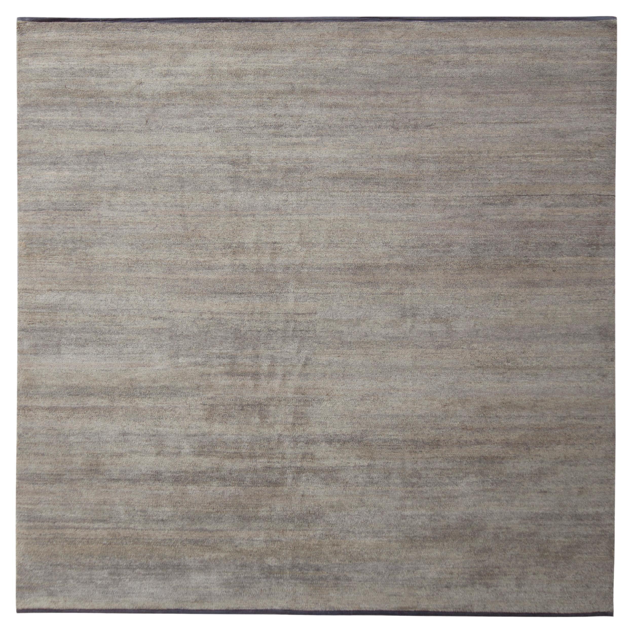 Rug & Kilim's Hand-Knotted Solid Modern Square Rug, Gray-Silver Two-Tone Silk