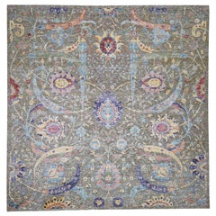Hand Knotted Square Sickle Leaf Design Silk With Oxidized Wool Rug