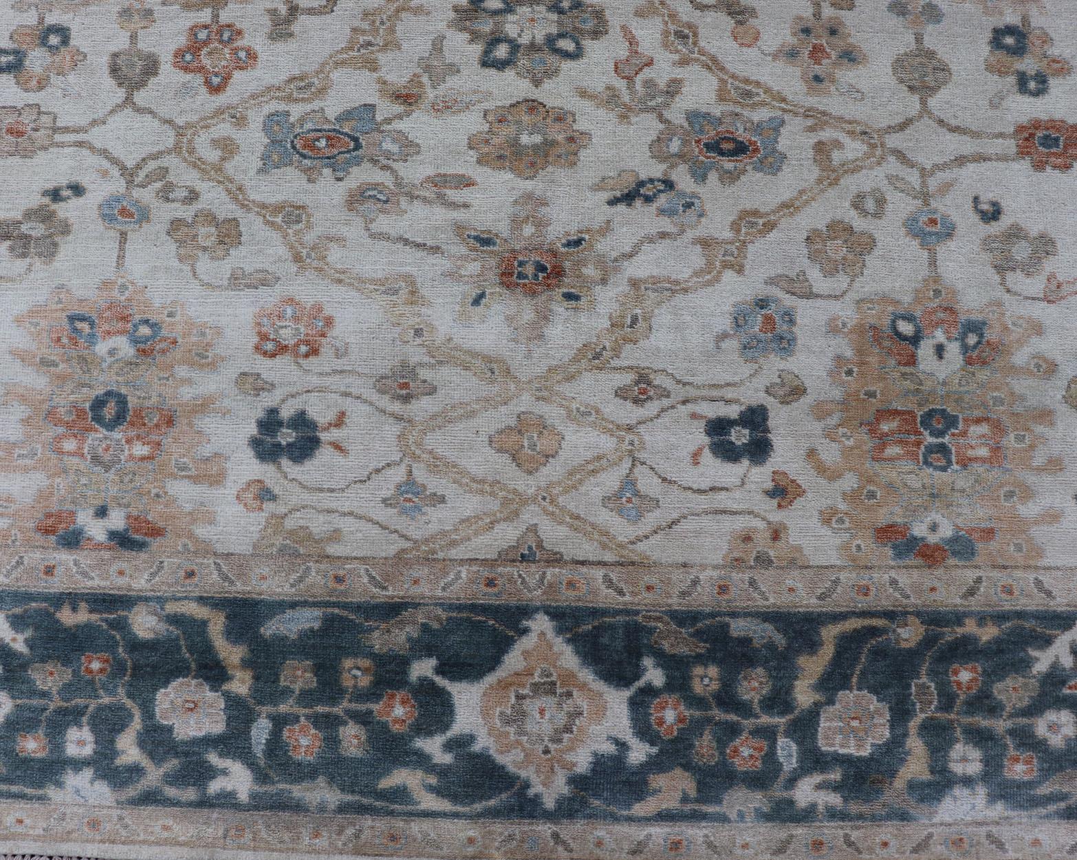 Oushak Design-Teppich von Keivan Woven Arts in Teal Blau, Creme und mehrfarbigen Farben im Angebot 5