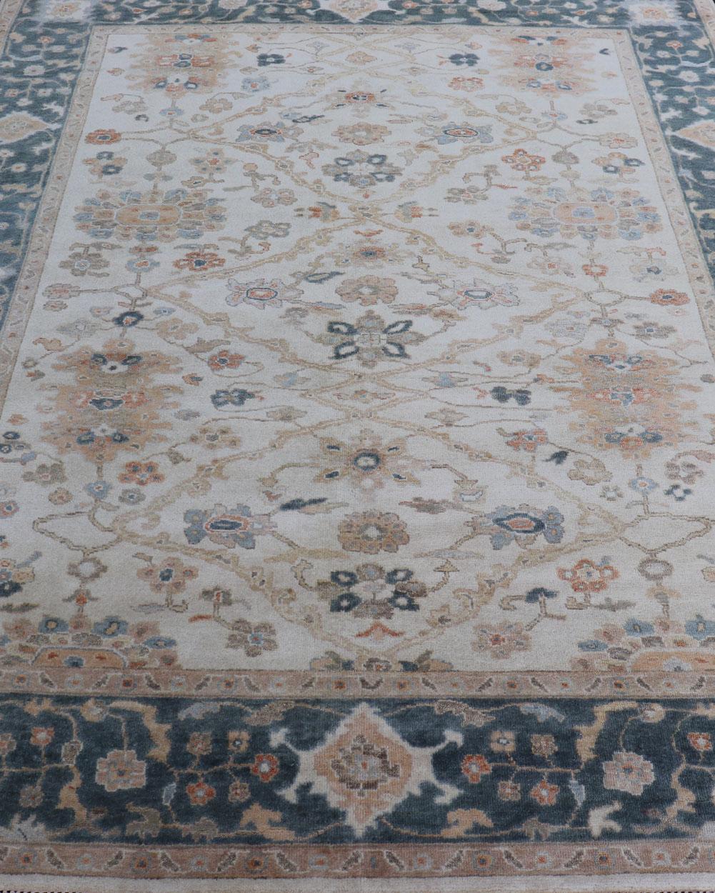 Annodato a mano Tappeto Oushak Design di Keivan Woven Arts in blu teal, crema e multicolore in vendita