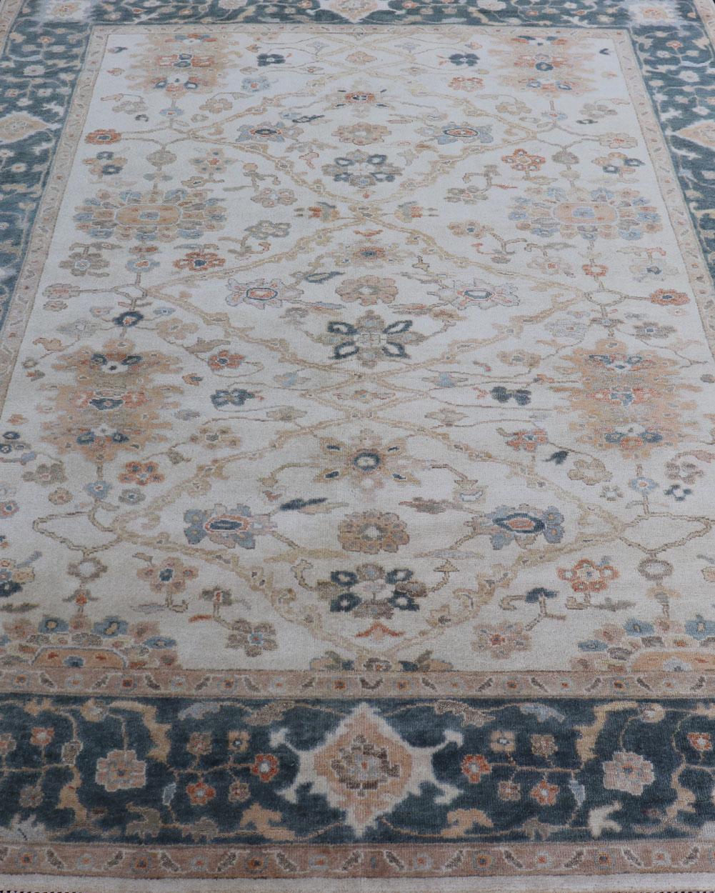 Hand-Knotted Oushak Design Rug by Keivan Woven Arts in Teal Blue, Cream and Multi Colors For Sale