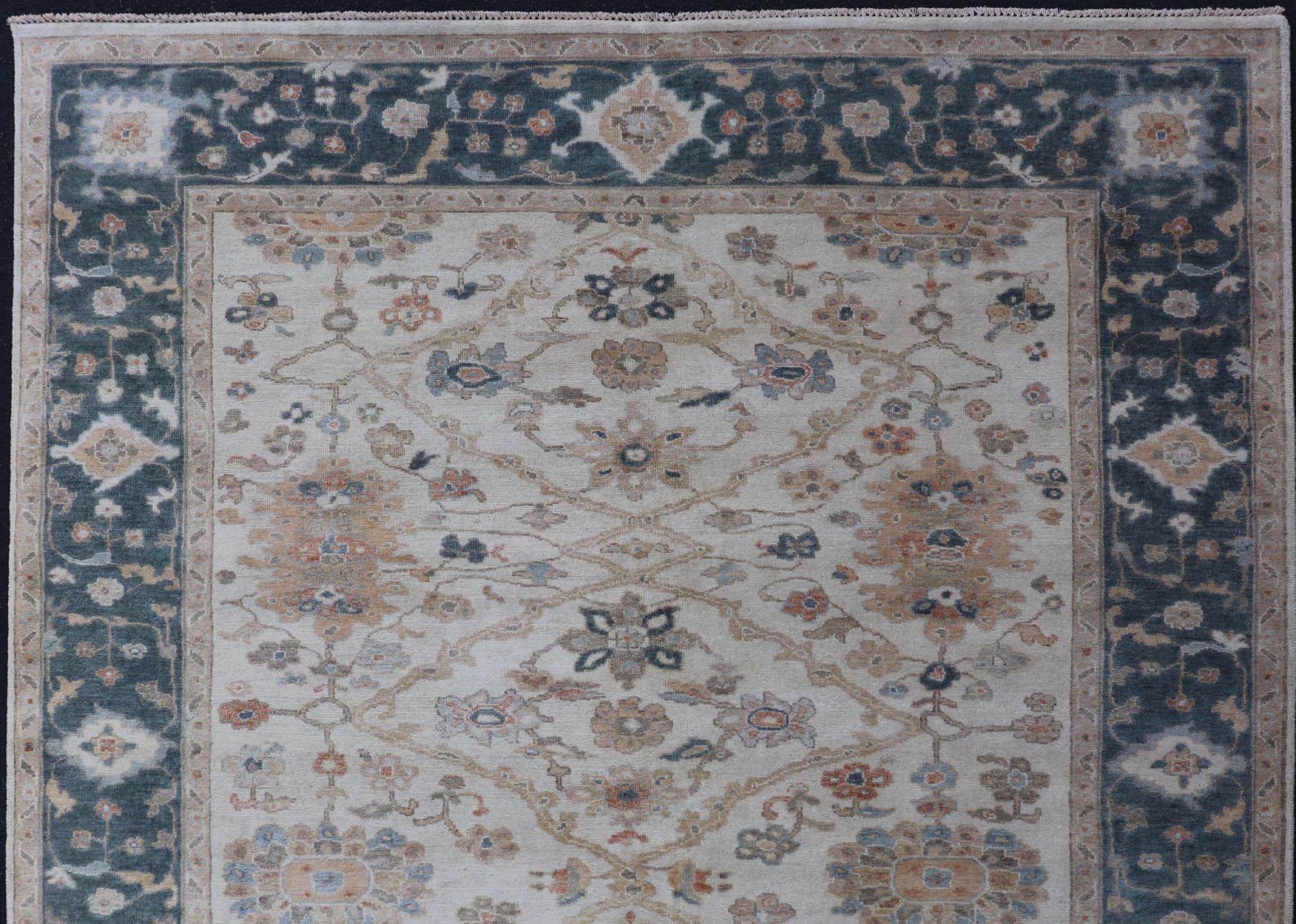 Oushak Design Rug by Keivan Woven Arts in Teal Blue, Cream and Multi Colors In Excellent Condition For Sale In Atlanta, GA