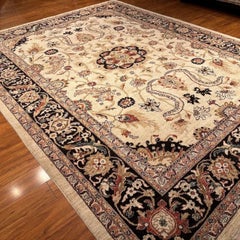 Handgeknüpfter Sultanabad-Wollteppich, 9' x 12', elfenbeinfarben, schwarz, mit Blumenmedaillon