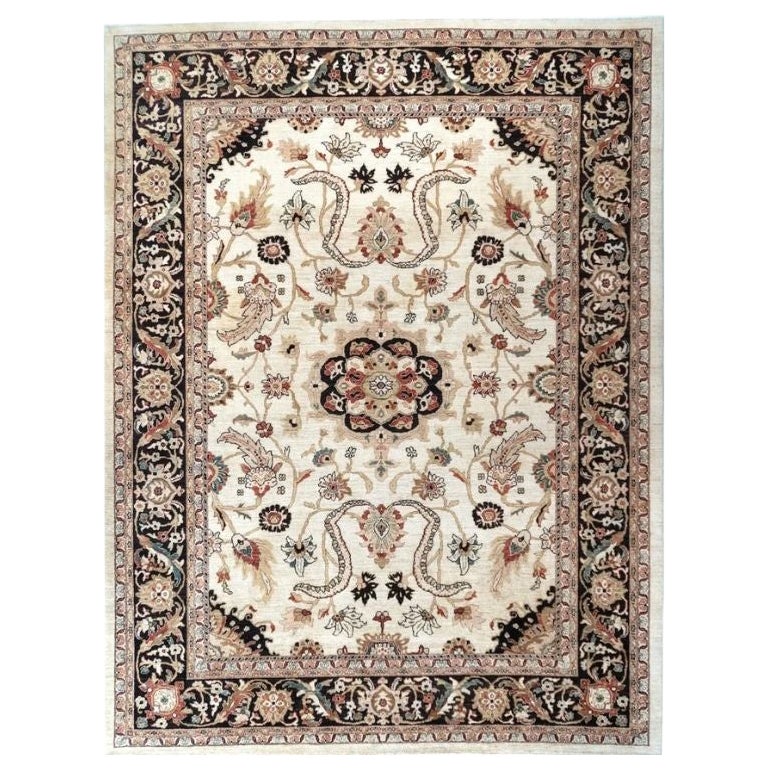 Hand-Knotted Sultanabad Wool Rug 9'x12' Ivory Black Floral Medallion For Sale