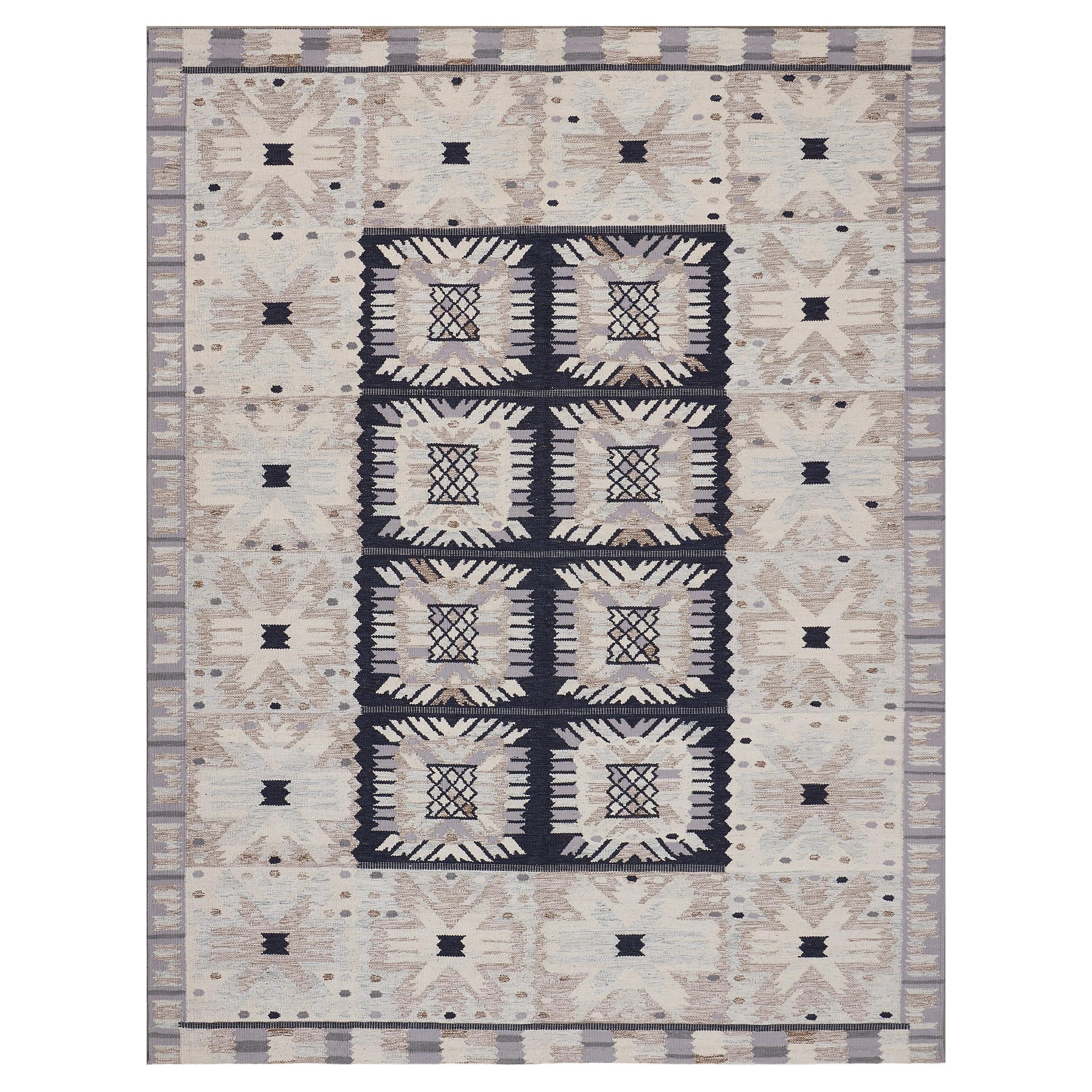 Hand-knotted Swedish Inspired Wool Rug For Sale