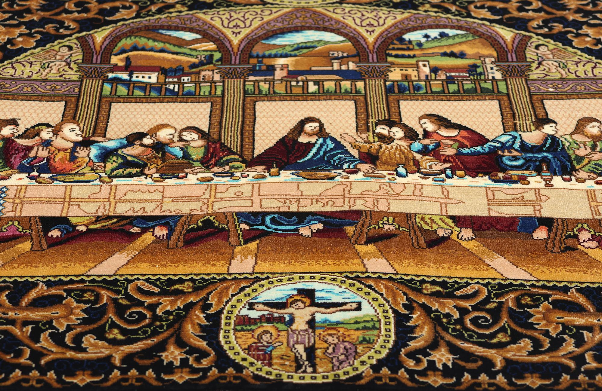 Annodato a mano Tappeto Tableau dell'Ultima Cena in seta annodato a mano in vendita