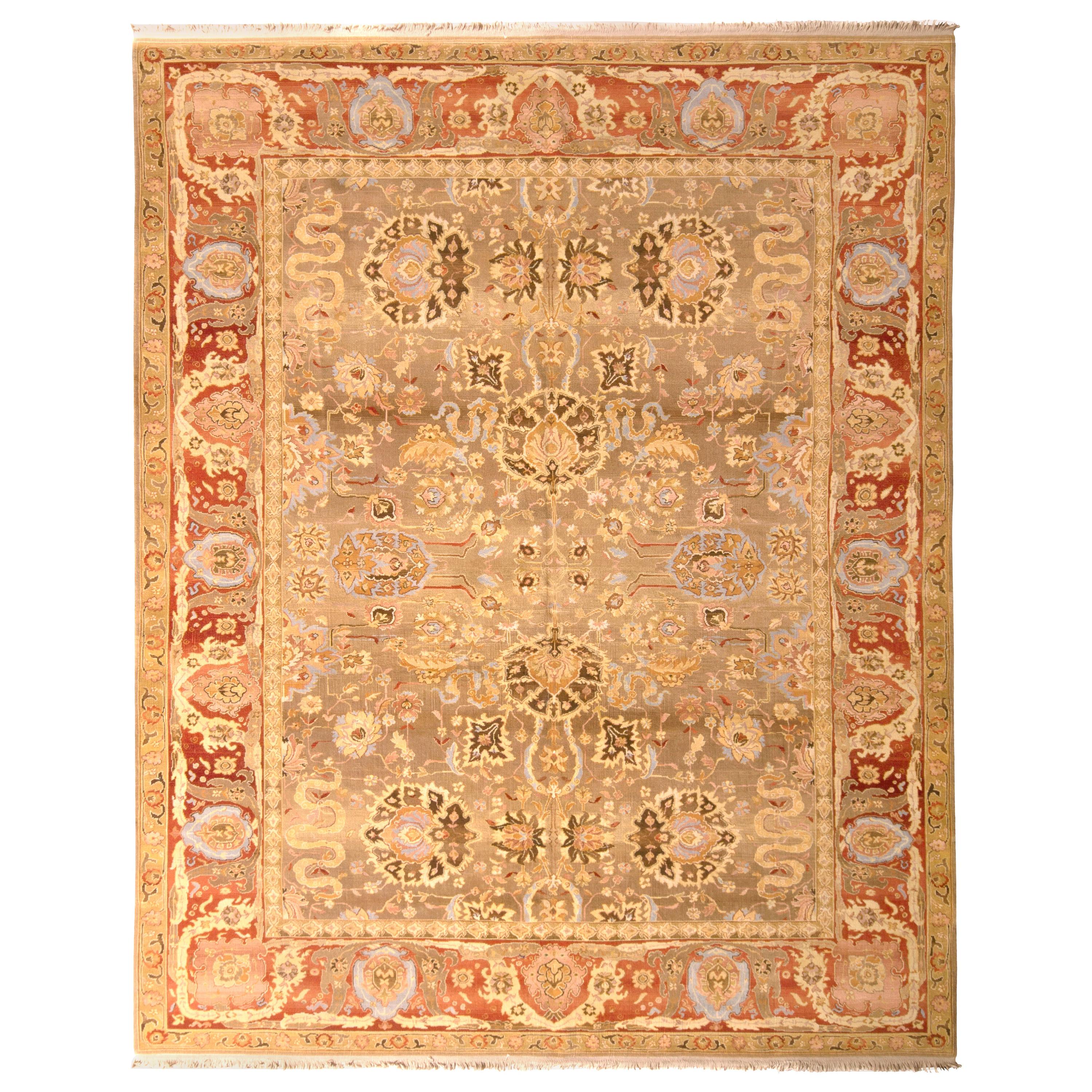 Rug & Kilim's Hand Knotted Tabriz Style Rug Beige Red Persian Floral Pattern