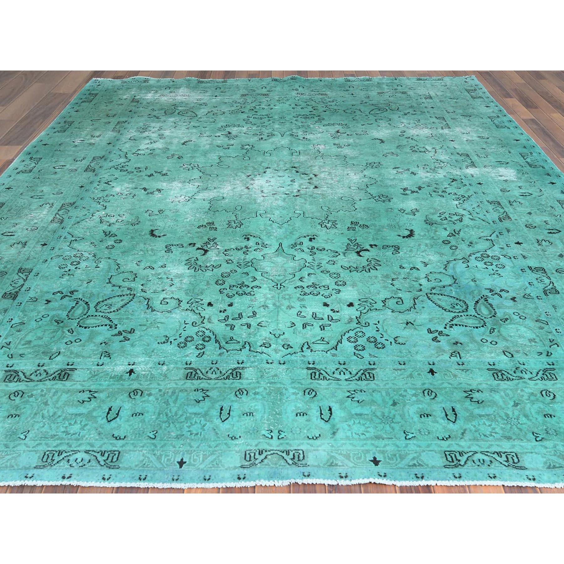 Hand-Knotted Hand Knotted Teal Green Vintage Overdyed Persian Tabriz Distressed Worn Wool Rug