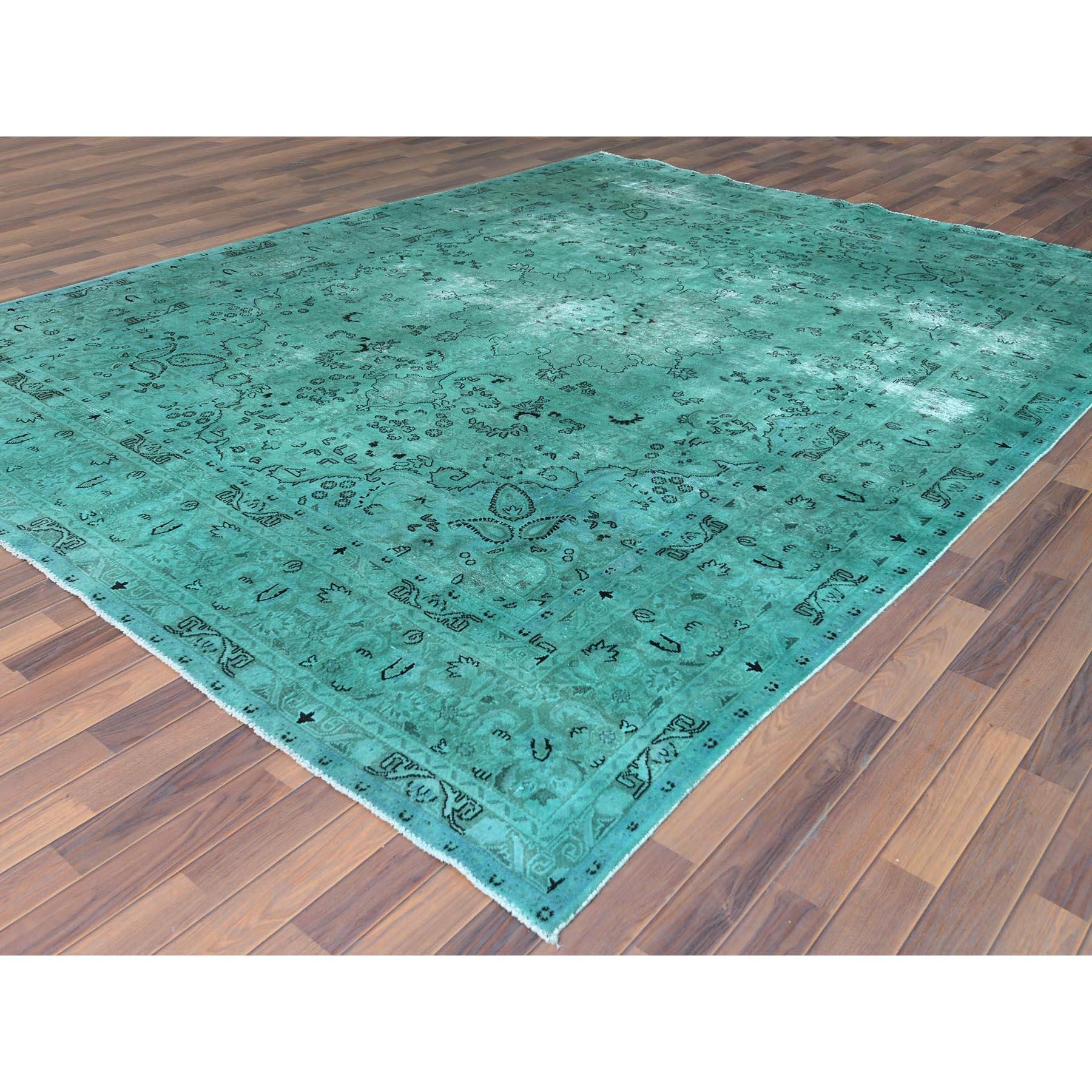 Hand Knotted Teal Green Vintage Overdyed Persian Tabriz Distressed Worn Wool Rug In Good Condition In Carlstadt, NJ