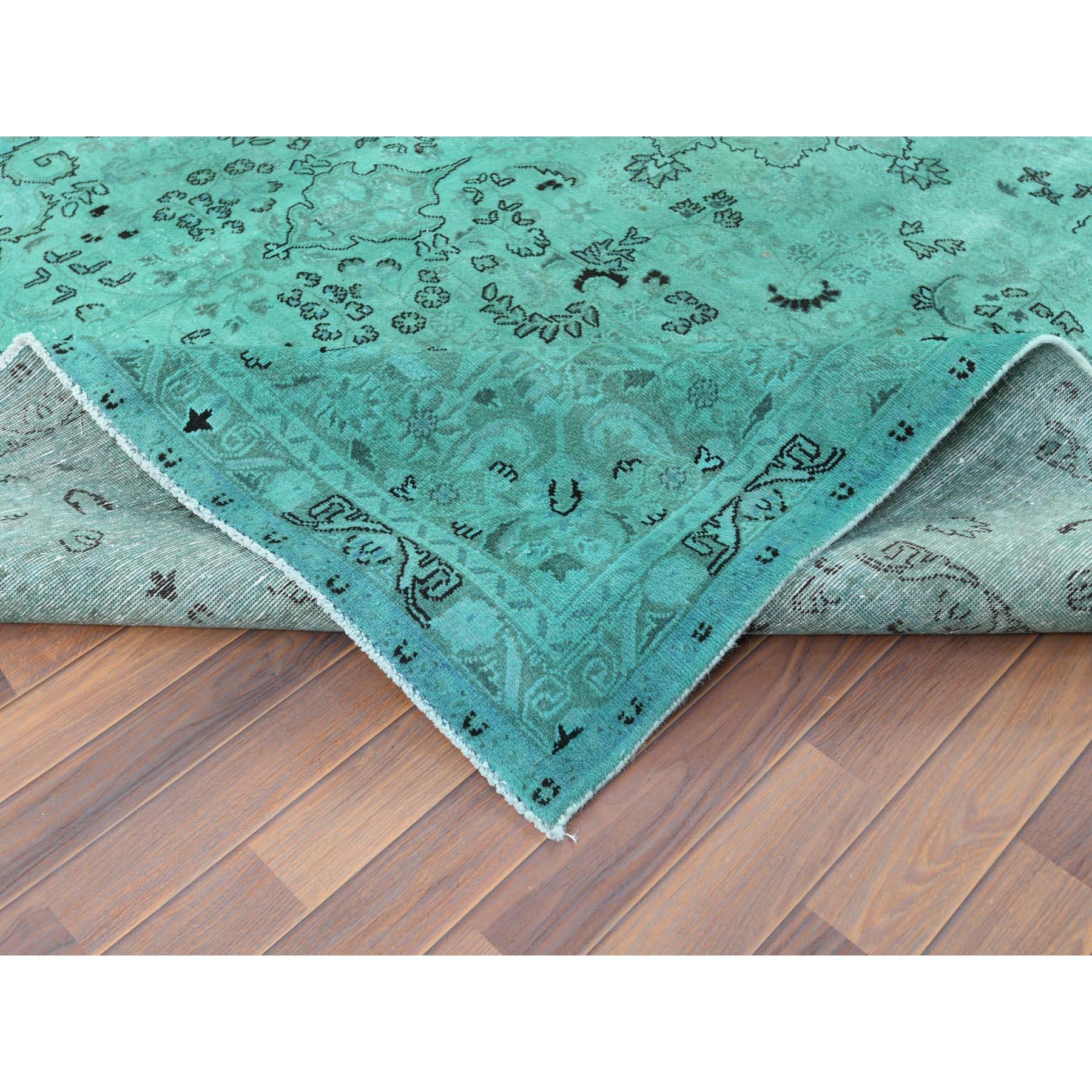 Hand Knotted Teal Green Vintage Overdyed Persian Tabriz Distressed Worn Wool Rug 2