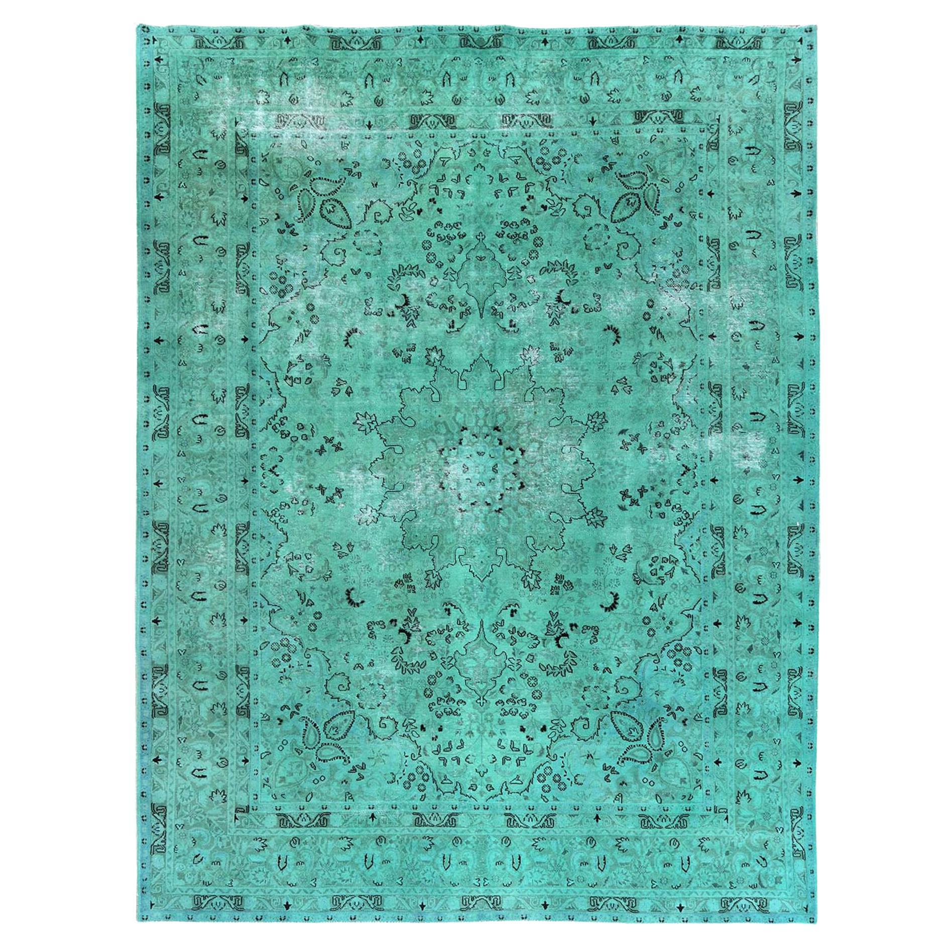 Hand Knotted Teal Green Vintage Overdyed Persian Tabriz Distressed Worn Wool Rug