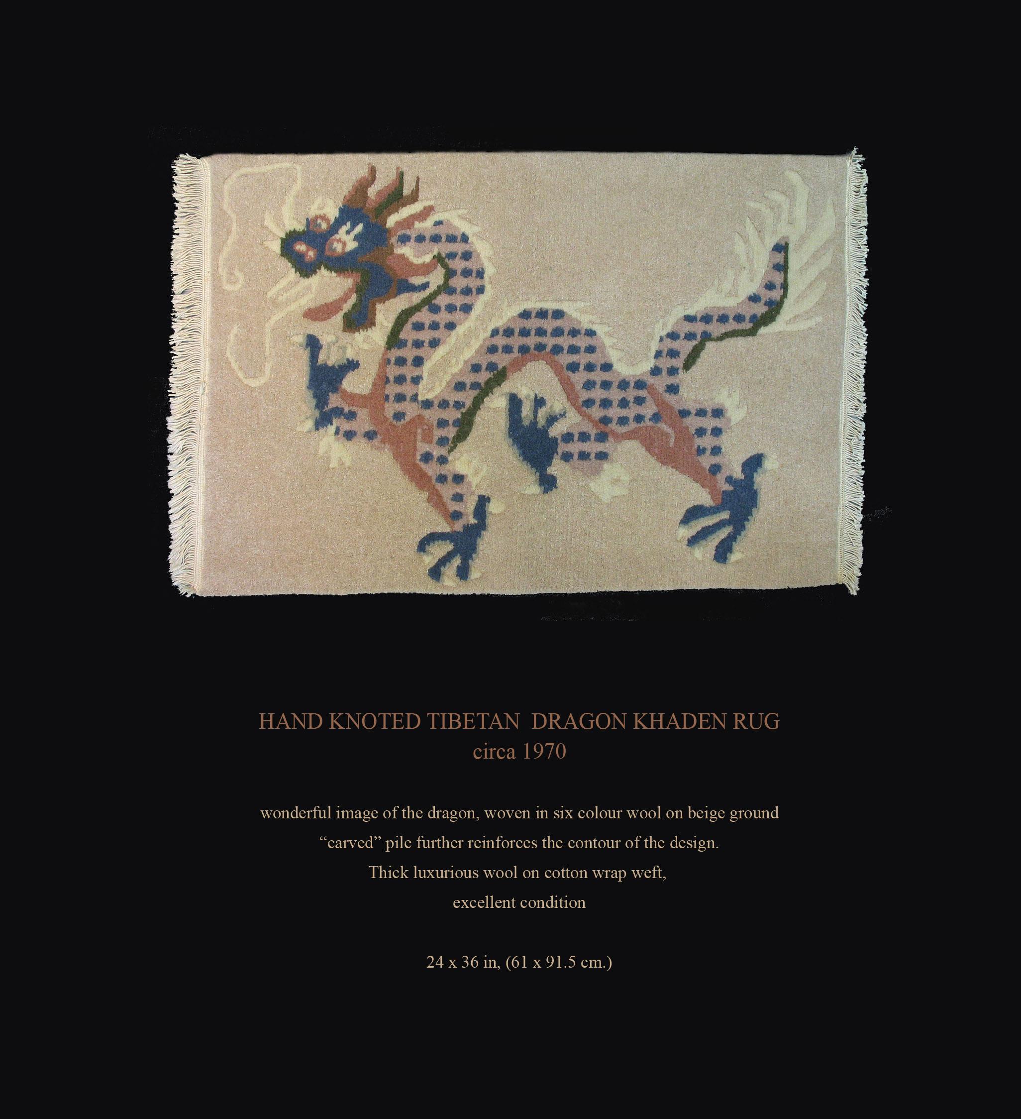 Hand Knotted Tibetan Dragon Khaden Rug, circa 1970s 4