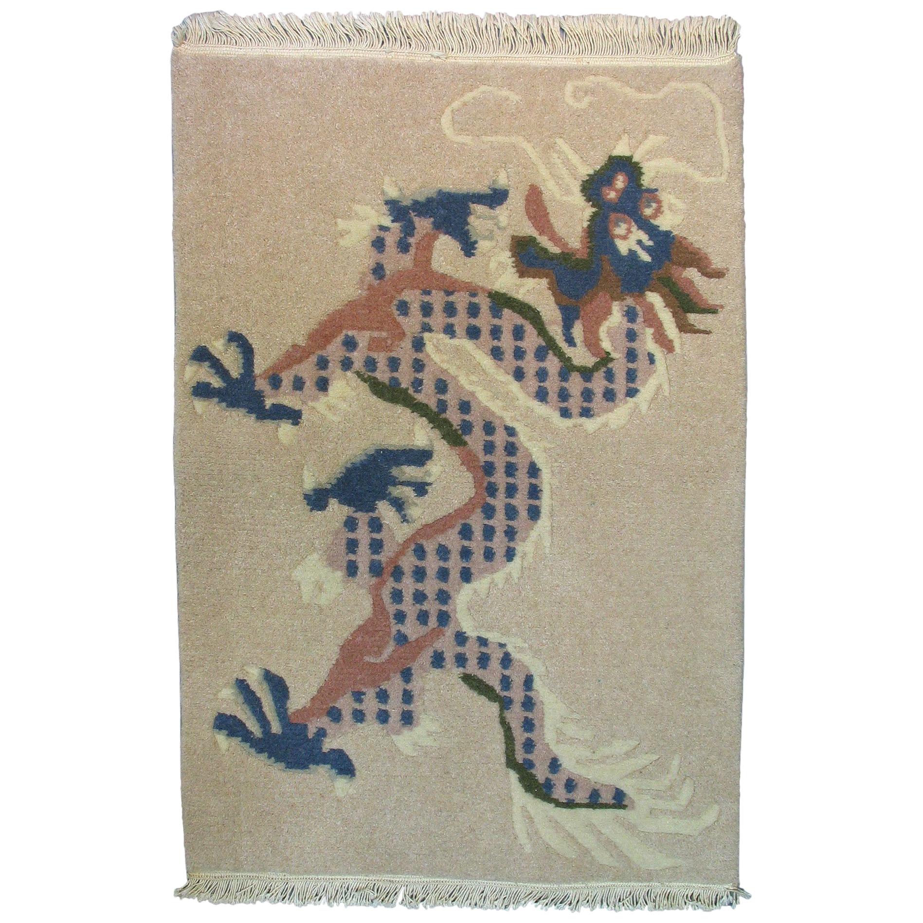 Hand Knotted Tibetan Dragon Khaden Rug, circa 1970s