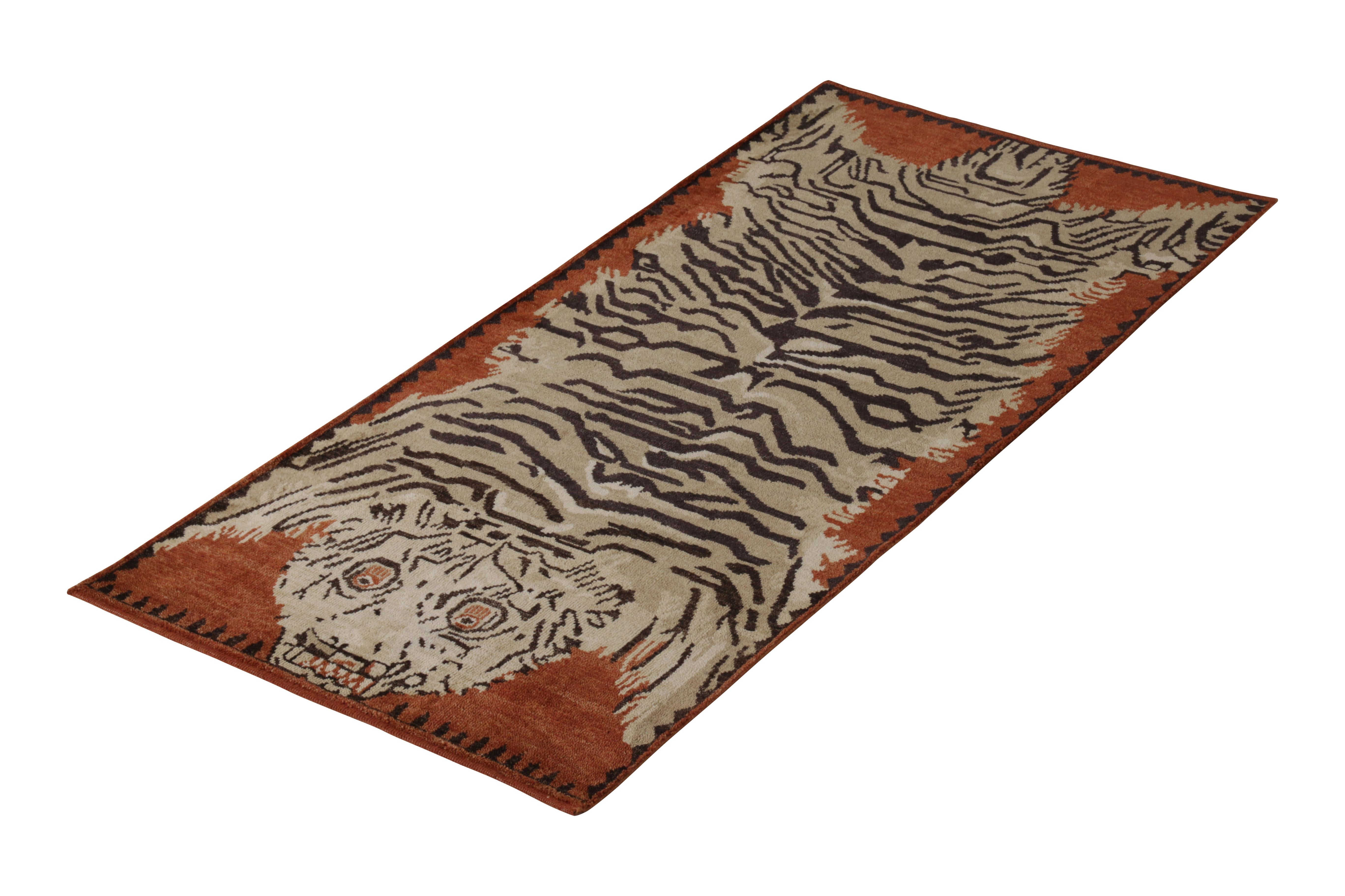 A 3x7 runner from the Burano Collection by Rug & Kilim, recapturing classic inspirations like that of this classic Tibetan Tiger rug in the antique pictorial rug style. Hand knotted in notably soft Ghazni wool and a proprietary blend of yarns in