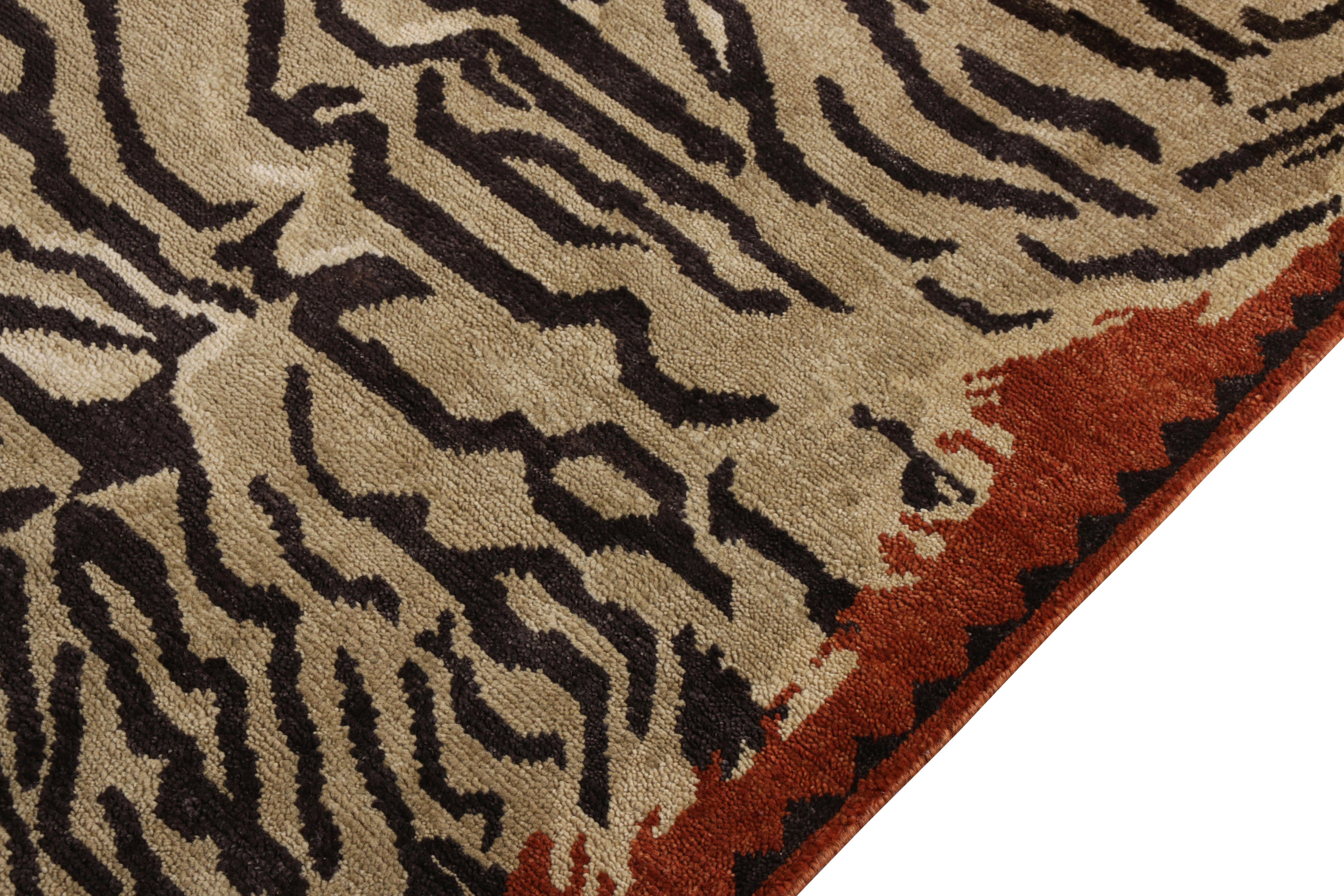 Indian Rug & Kilim's Hand Knotted Tiger Rug in Beige Brown Pictorial Pattern