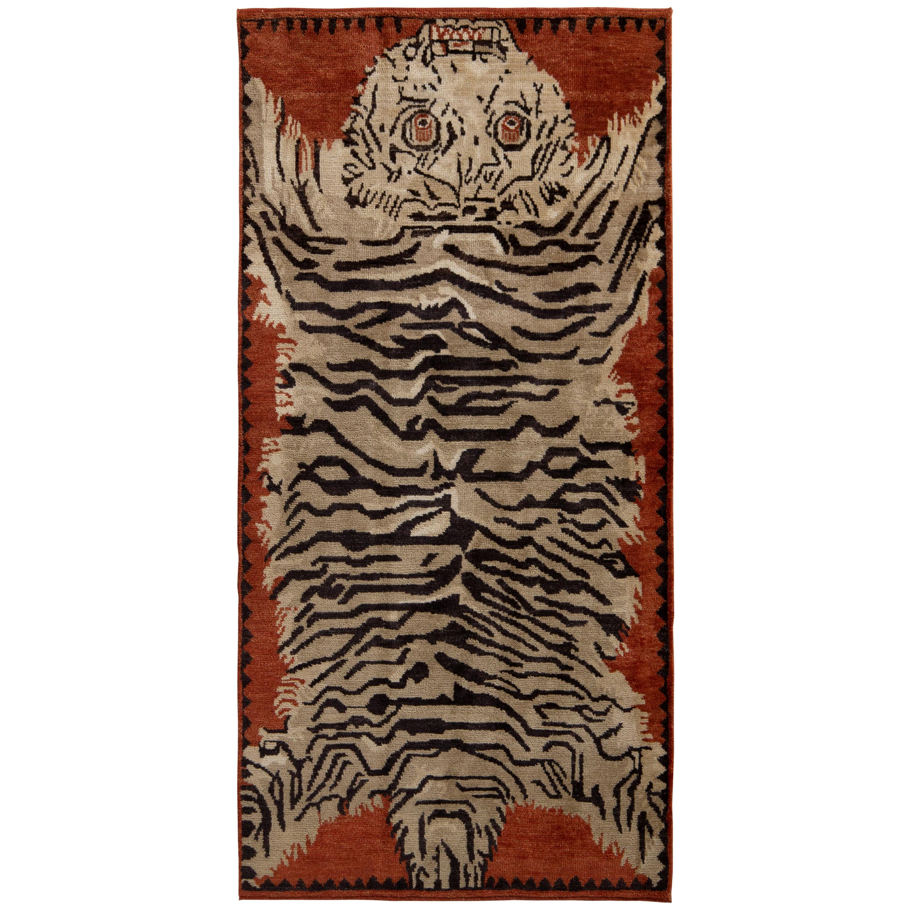 Rug & Kilim's Hand Knotted Tiger Rug in Beige Brown Pictorial Pattern