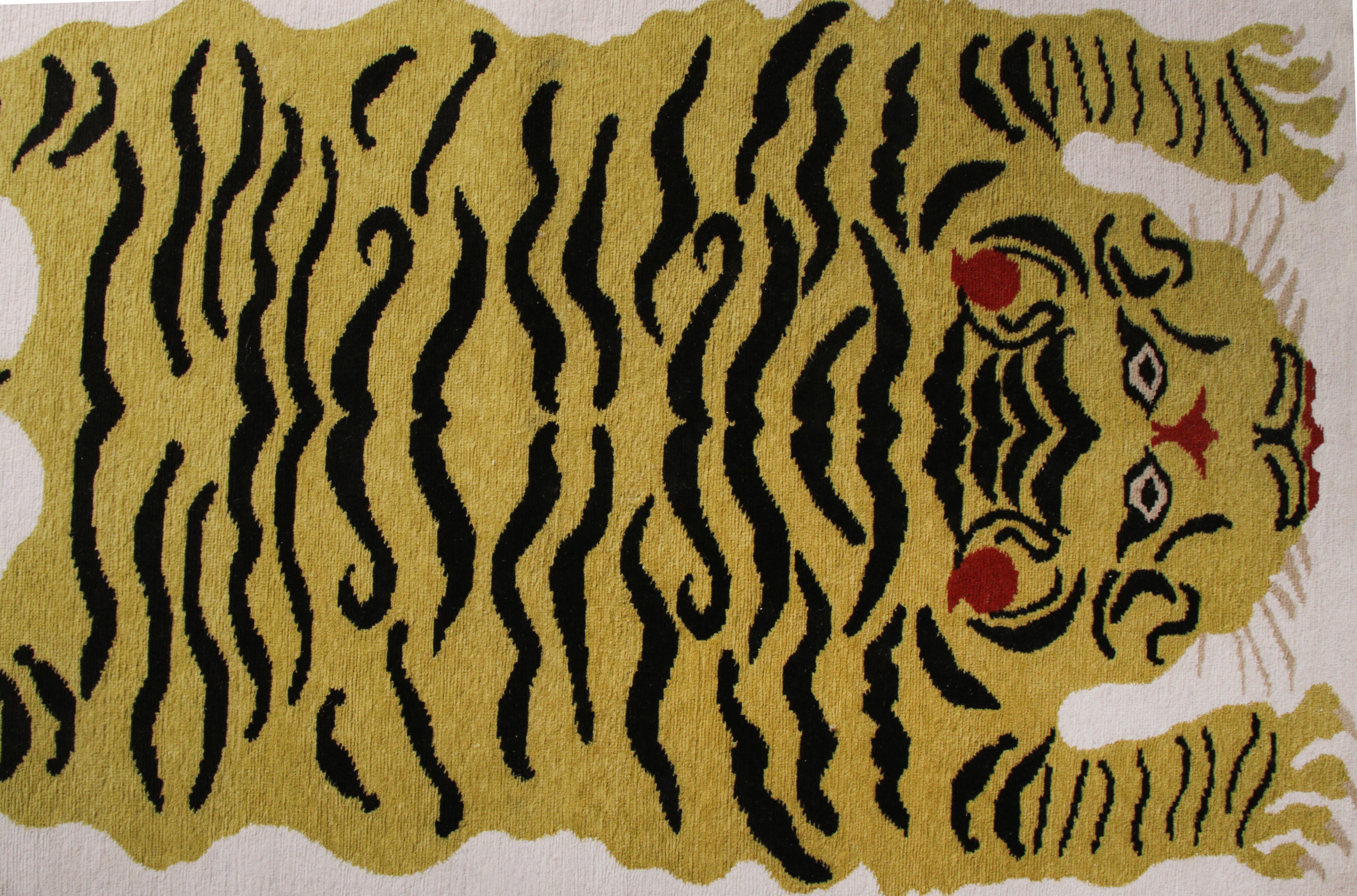 Nepalese Rug & Kilim's Hand Knotted Tiger Rug in Gold Black and Beige Pattern For Sale
