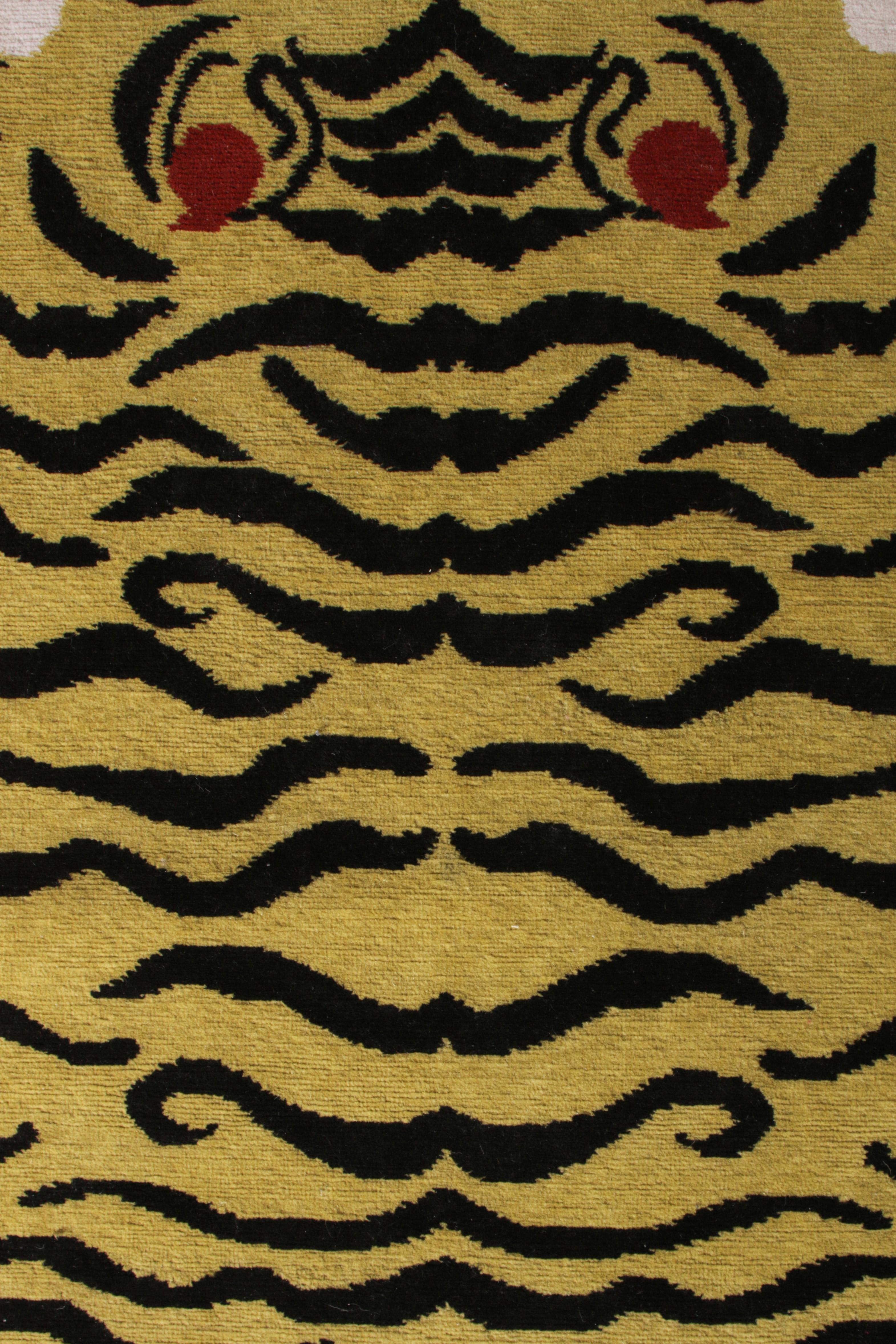 Hand-Knotted Rug & Kilim's Hand Knotted Tiger Rug in Gold Black and Beige Pattern For Sale