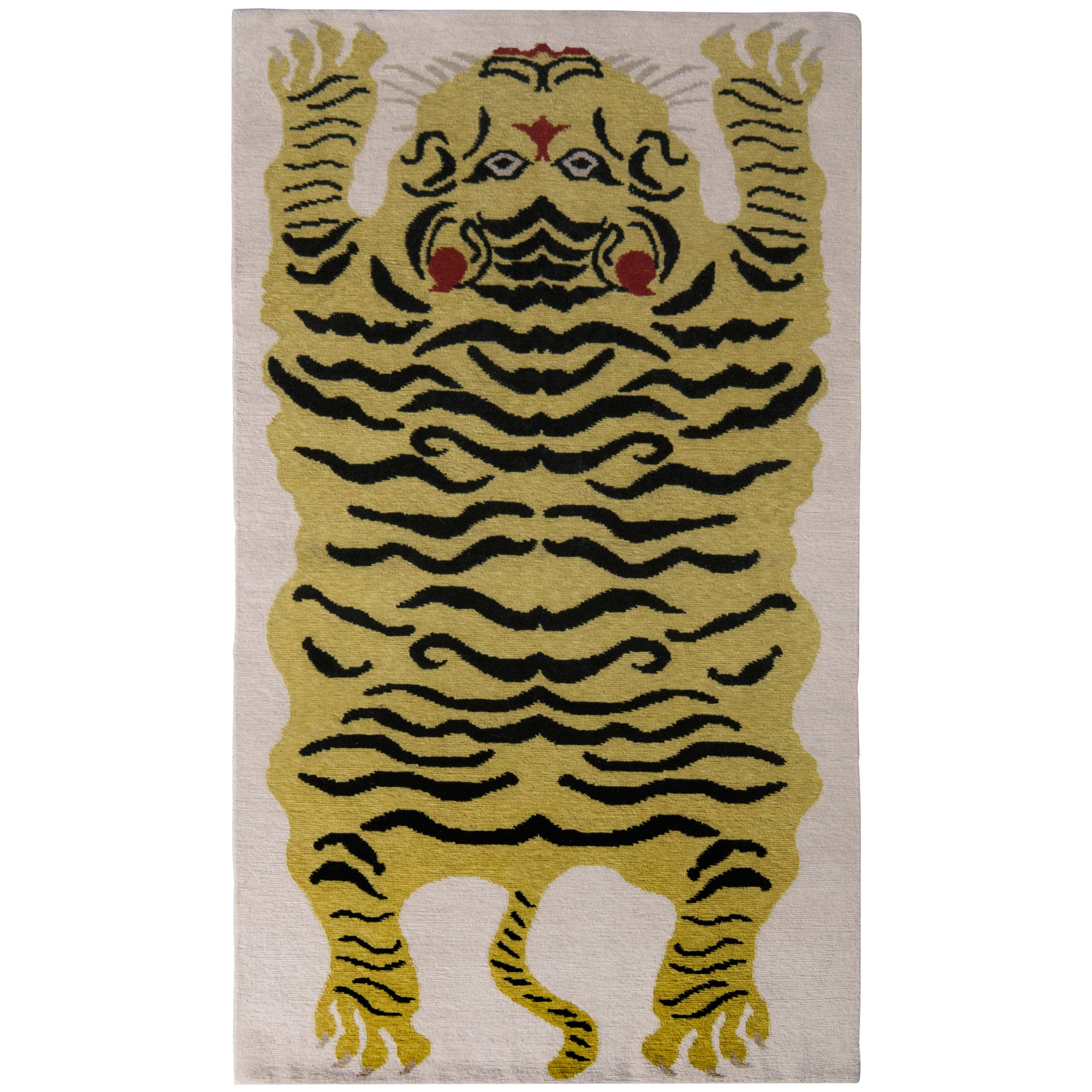 Rug & Kilim's Hand Knotted Tiger Rug in Gold Black and Beige Pattern For Sale