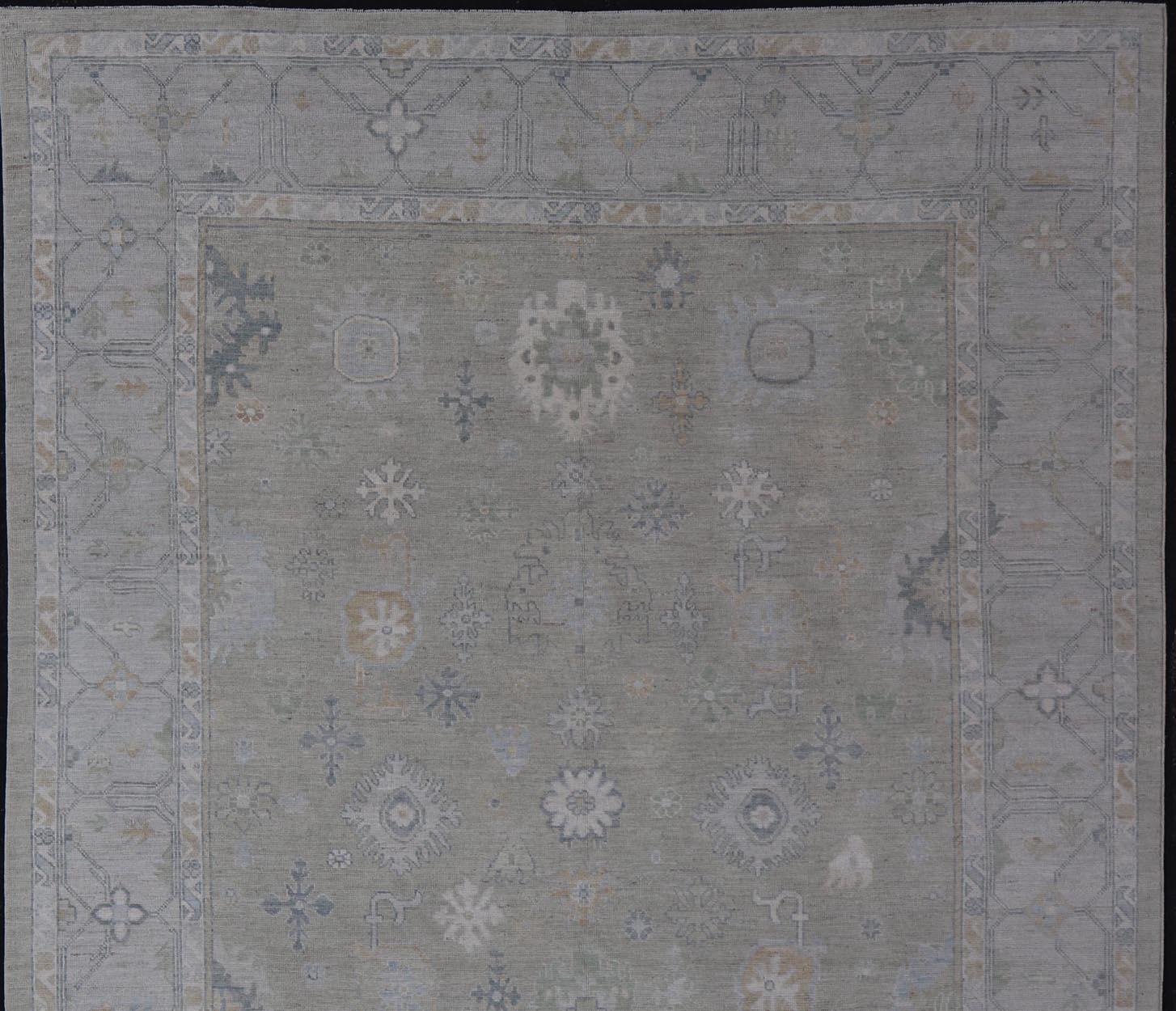 Hand-Knotted Transitional Neutral Oushak Rug in Light Gray, Light Blue, Green For Sale 5