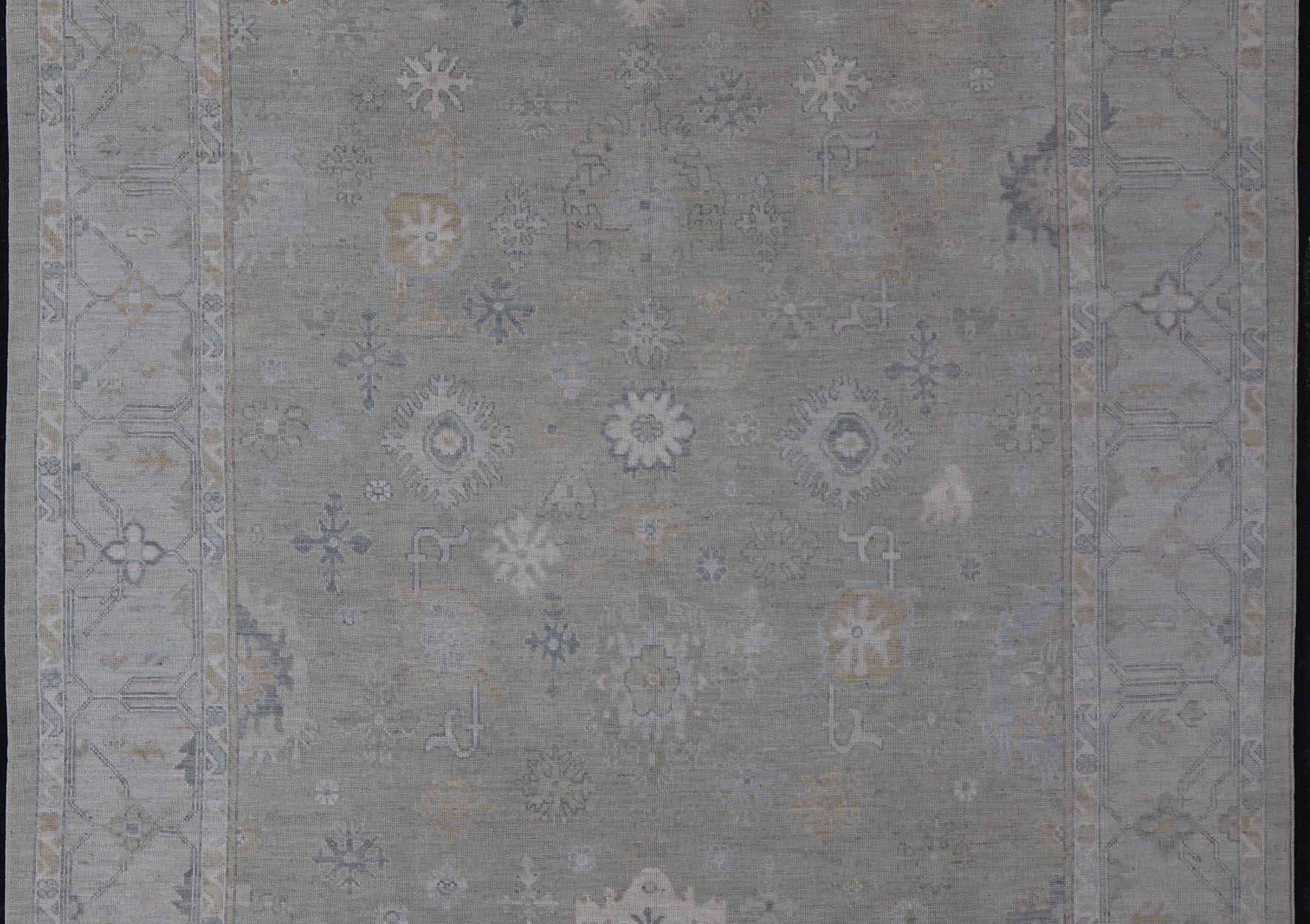 Hand-Knotted Transitional Neutral Oushak Rug in Light Gray, Light Blue, Green For Sale 6