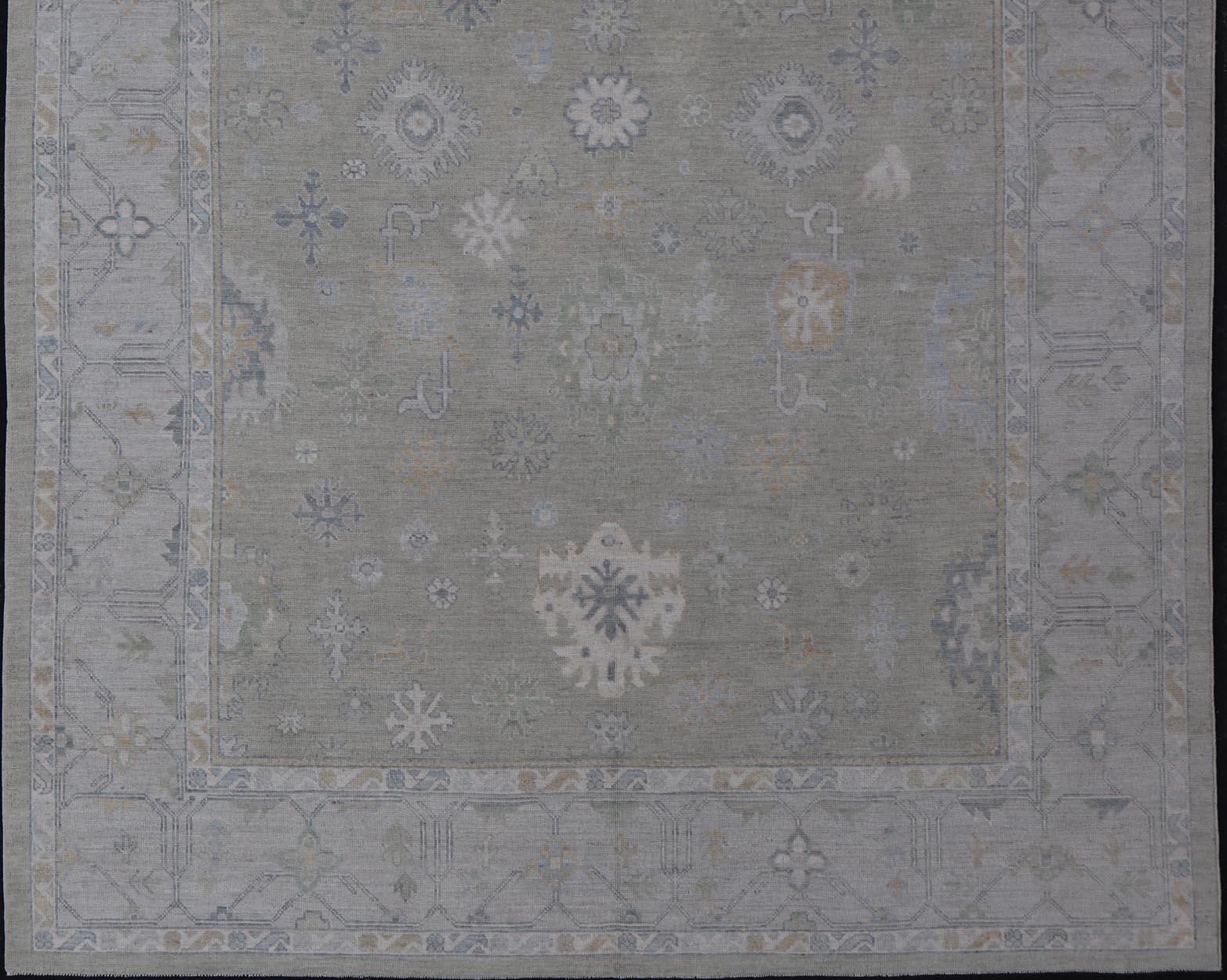 Hand-Knotted Transitional Neutral Oushak Rug in Light Gray, Light Blue, Green For Sale 7