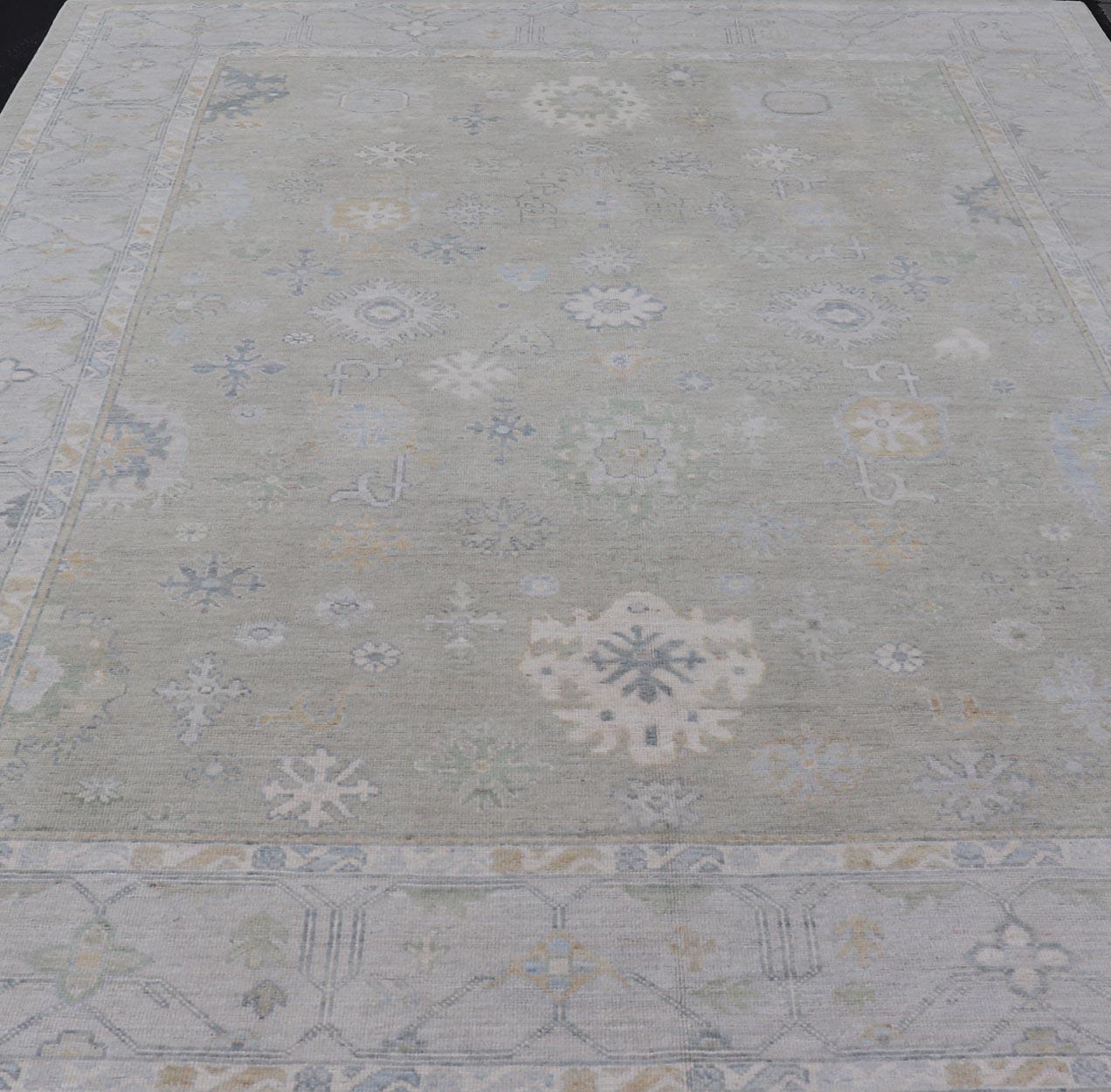 Hand-Knotted Transitional Neutral Oushak Rug in Light Gray, Light Blue, Green For Sale 8