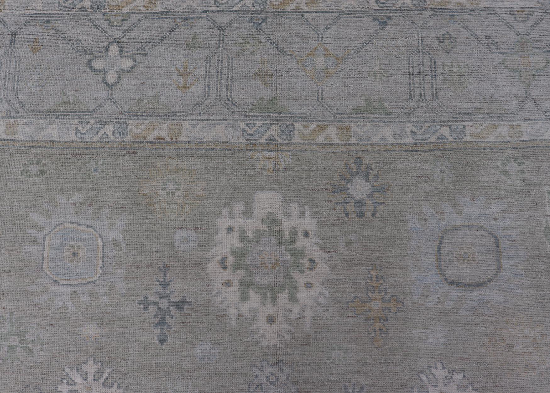 Hand-Knotted Transitional Neutral Oushak Rug in Light Gray, Light Blue, Green For Sale 2