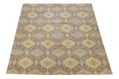 Hand-Knotted Transitional Wool & Silk Rug Muted Diamond Pattern in Earth Tones