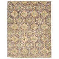 Hand-Knotted Transitional Wool & Silk Rug Muted Diamond Pattern in Earth Tones