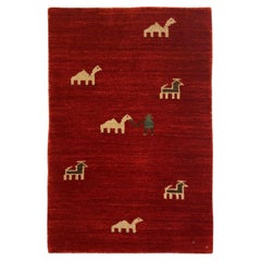 Handgeknüpfter Tribal-Tier-Teppich, 2 x 3 m, aus roter, brauner und cremefarbener Wolle, im Folk-Art-Stil