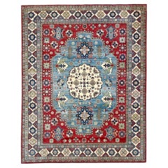Tappeto tribale annodato a mano in Pakistan, di colore blu e rosso, del 2000 CIRCA