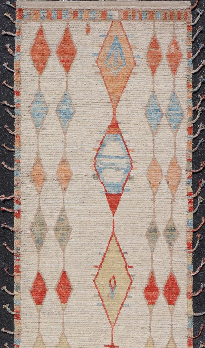 Modern Hand-Knotted Tribal Moroccan Runner in Wool with Sub-Geometric Diamond Design For Sale