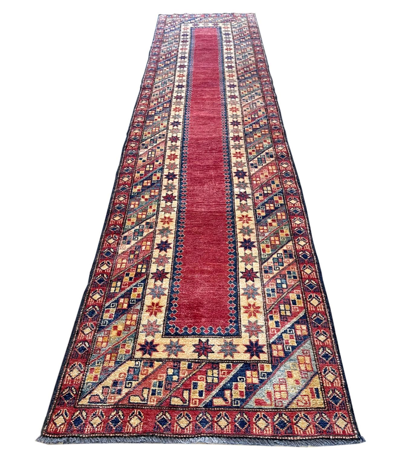 Pakistani Hand Knotted Tribal Red Pakistan Kazak Runner Rug For Sale