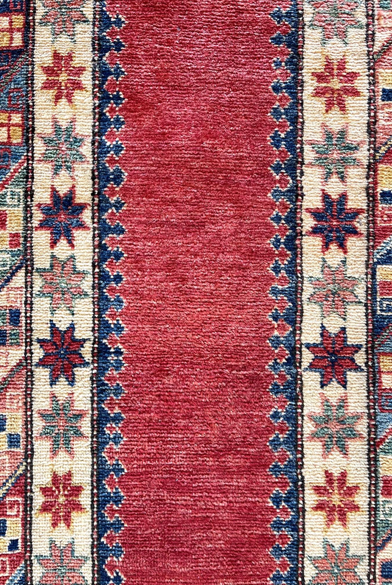Hand-Knotted Hand Knotted Tribal Red Pakistan Kazak Runner Rug For Sale