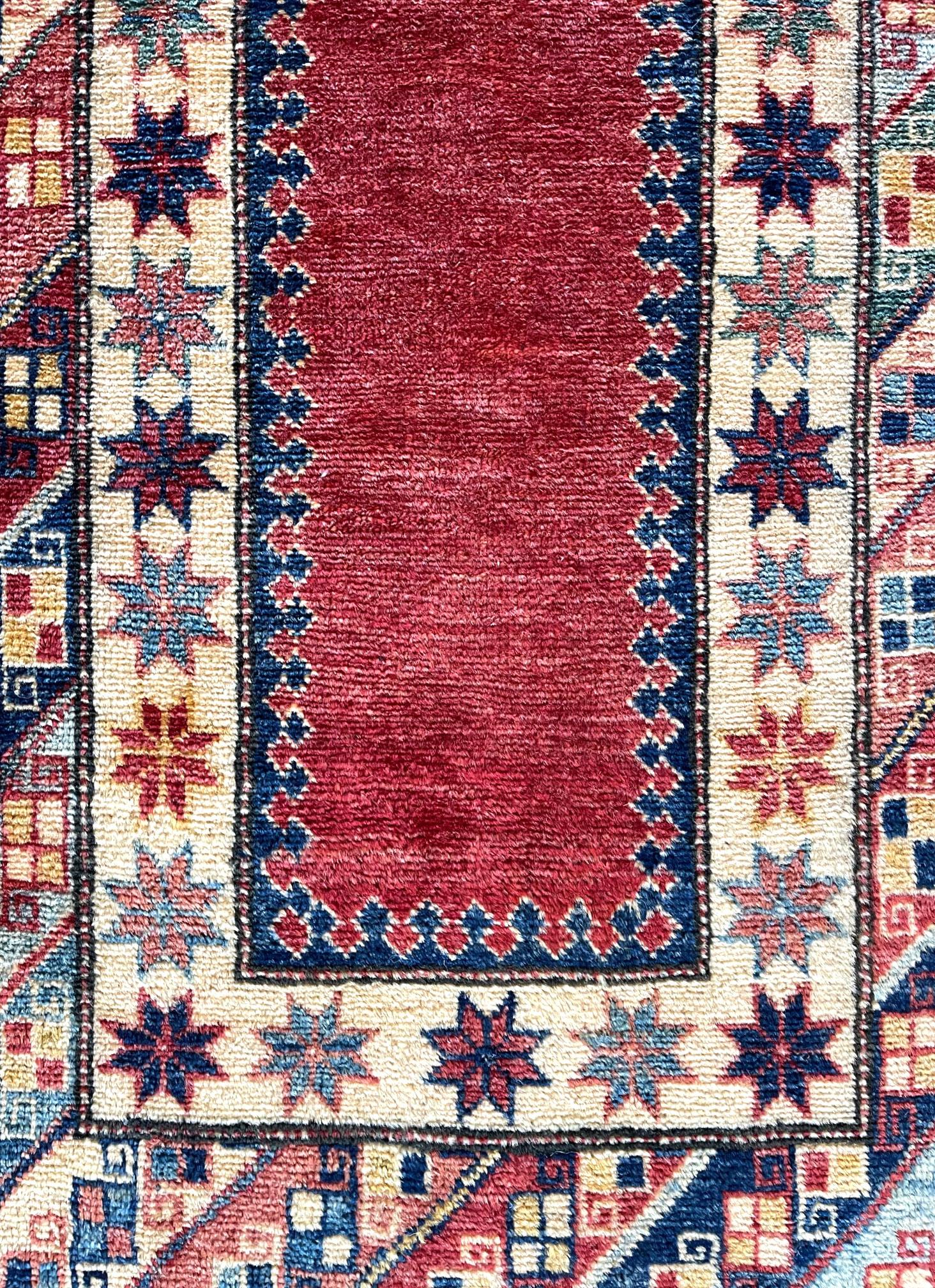 Hand Knotted Tribal Red Pakistan Kazak Runner Rug In Good Condition For Sale In San Diego, CA