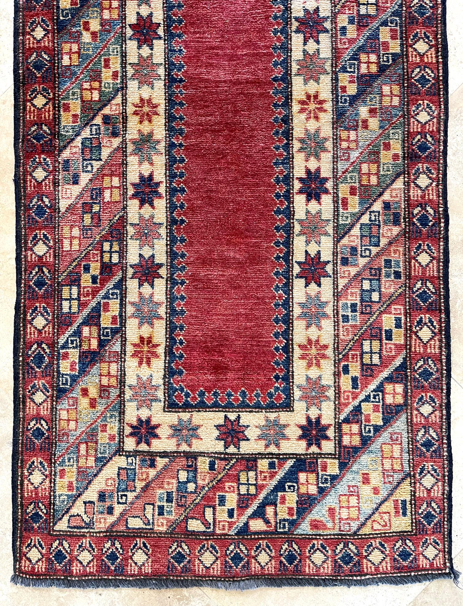 Contemporary Hand Knotted Tribal Red Pakistan Kazak Runner Rug For Sale