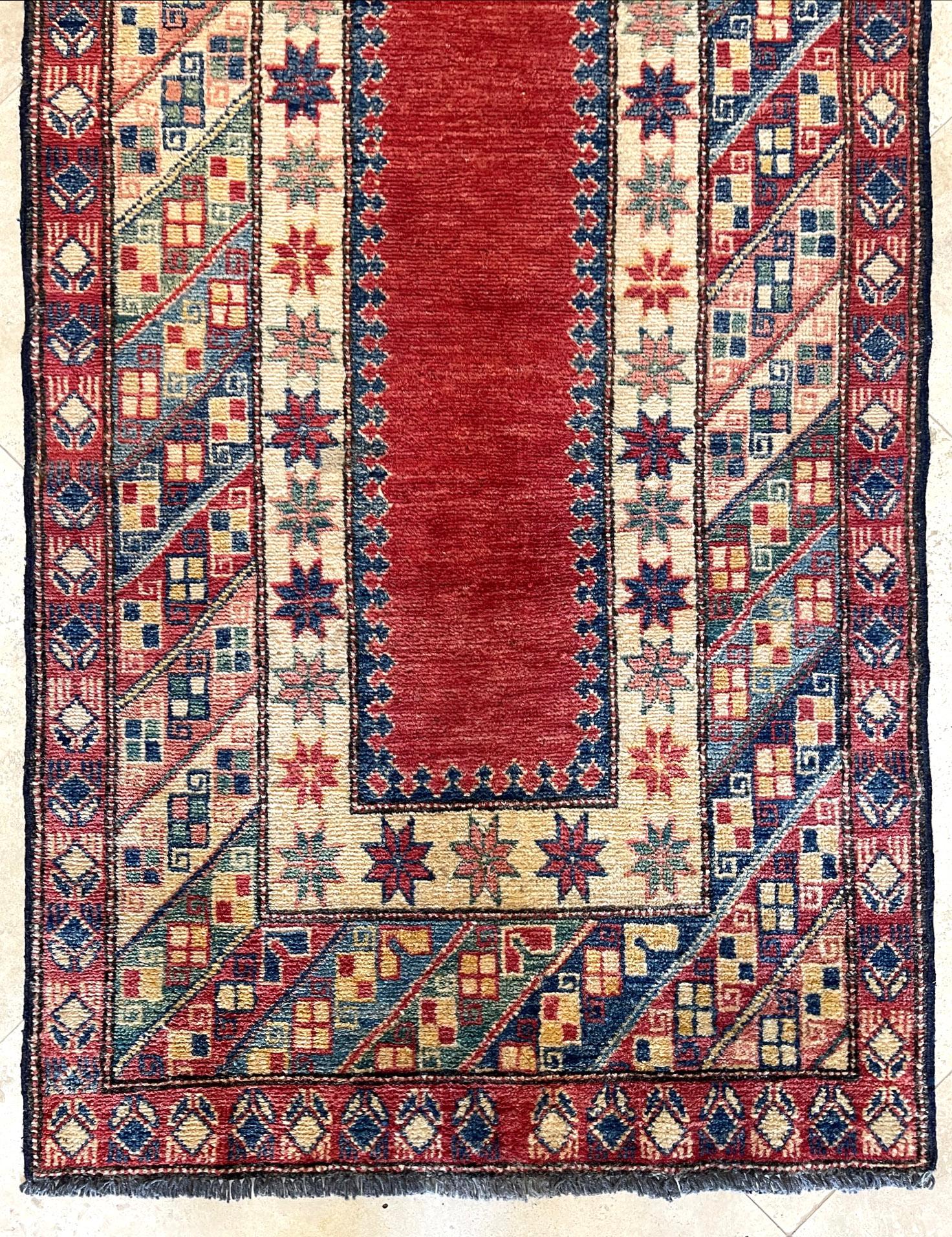 Wool Hand Knotted Tribal Red Pakistan Kazak Runner Rug For Sale