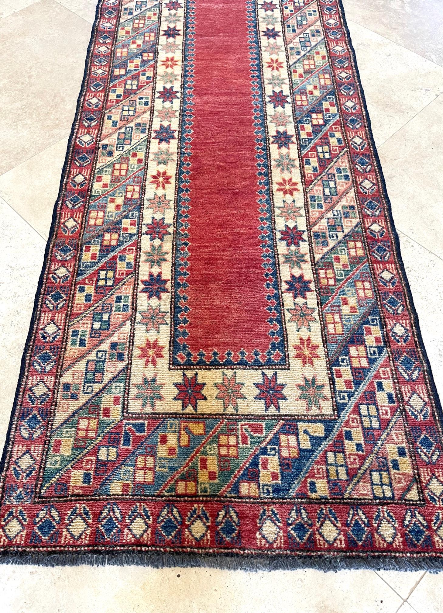Hand Knotted Tribal Red Pakistan Kazak Runner Rug For Sale 1
