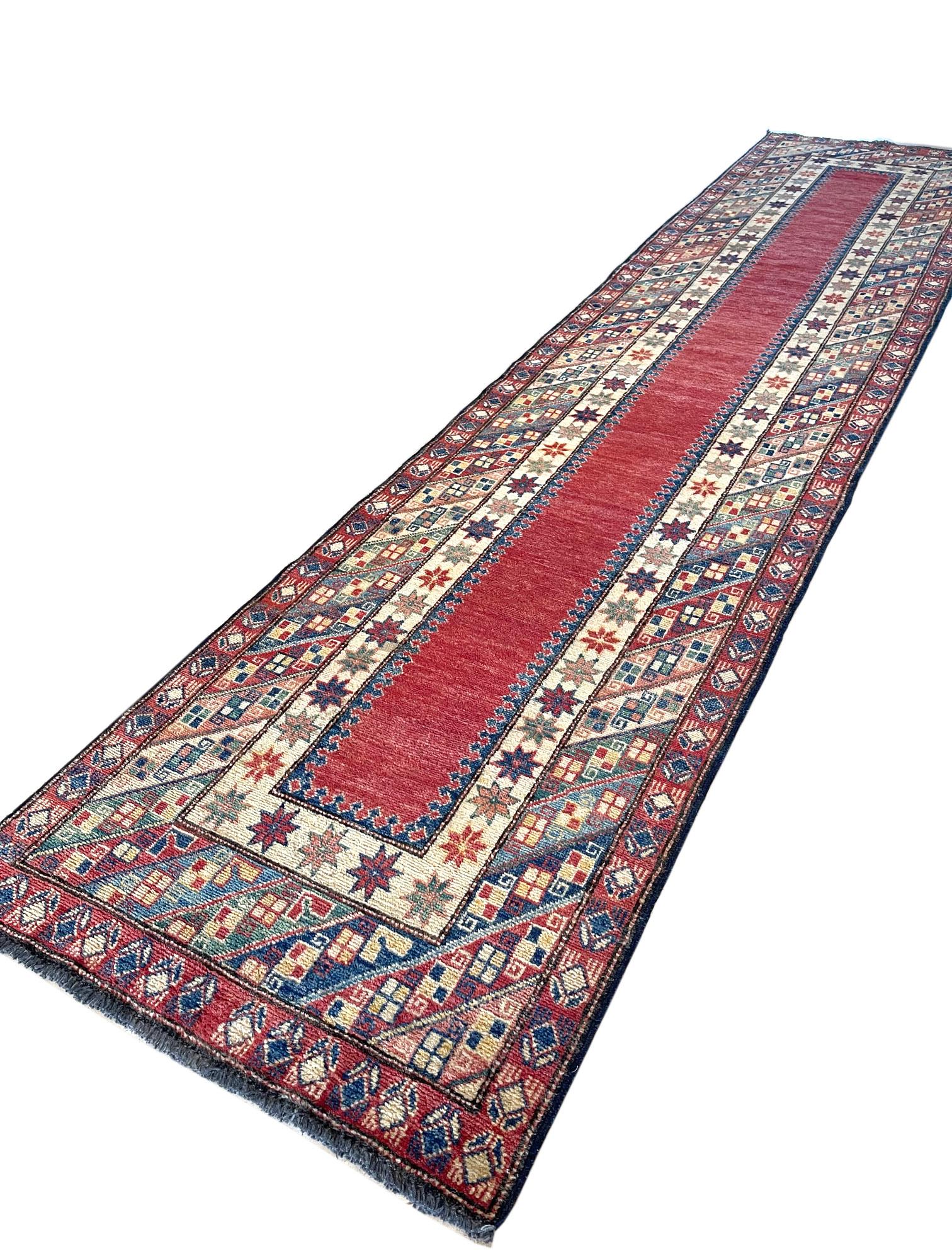 Hand Knotted Tribal Red Pakistan Kazak Runner Rug For Sale 2