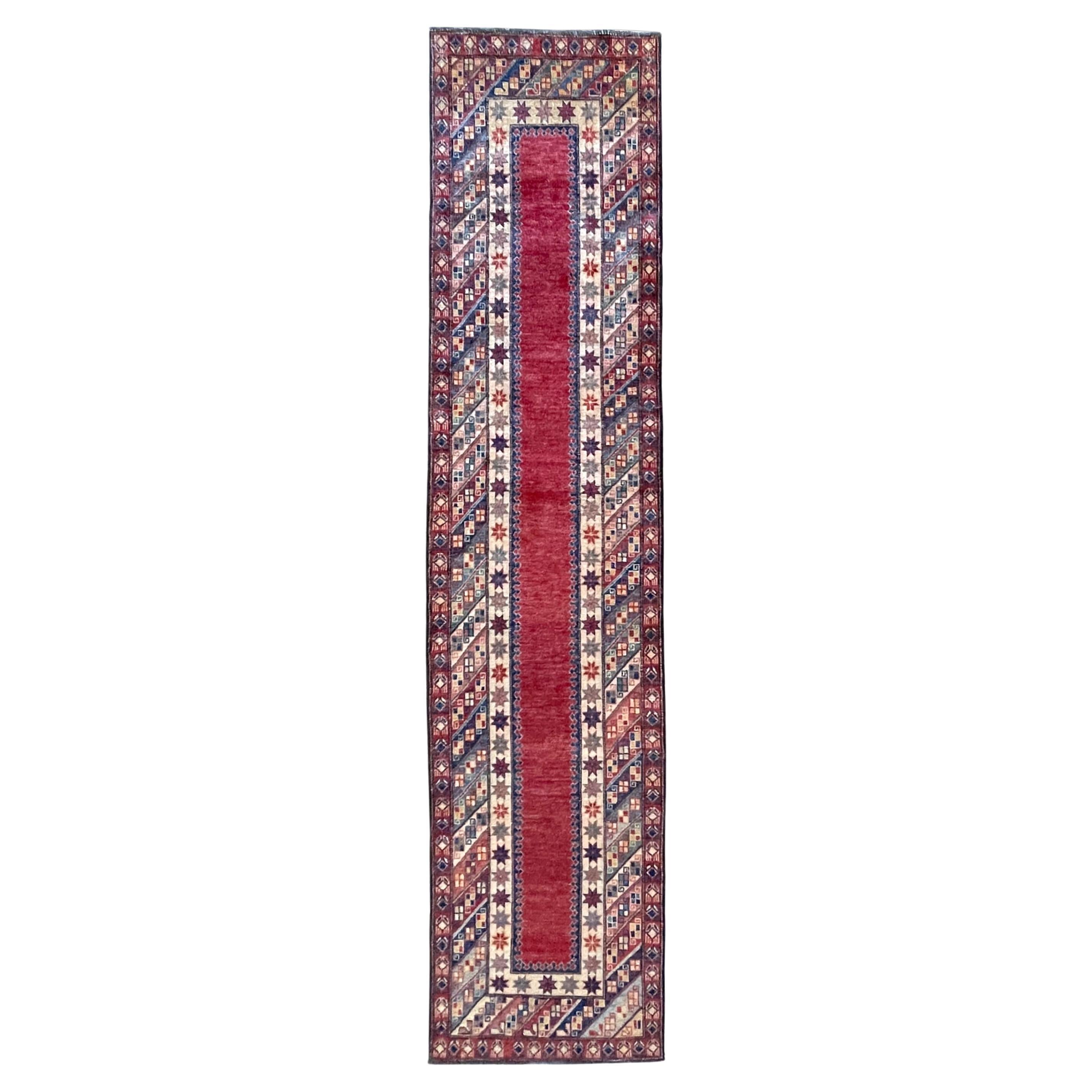 Hand Knotted Tribal Red Pakistan Kazak Runner Rug For Sale