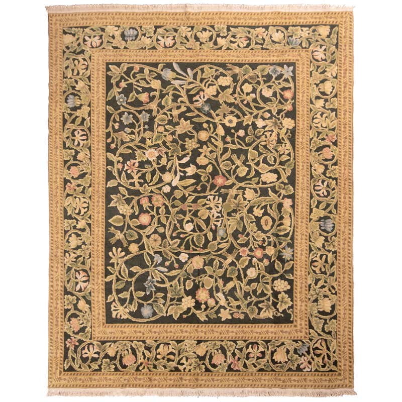 Rug and Kilim's Hand Knotted Tudor Style Rug Beige Green Classic Floral ...