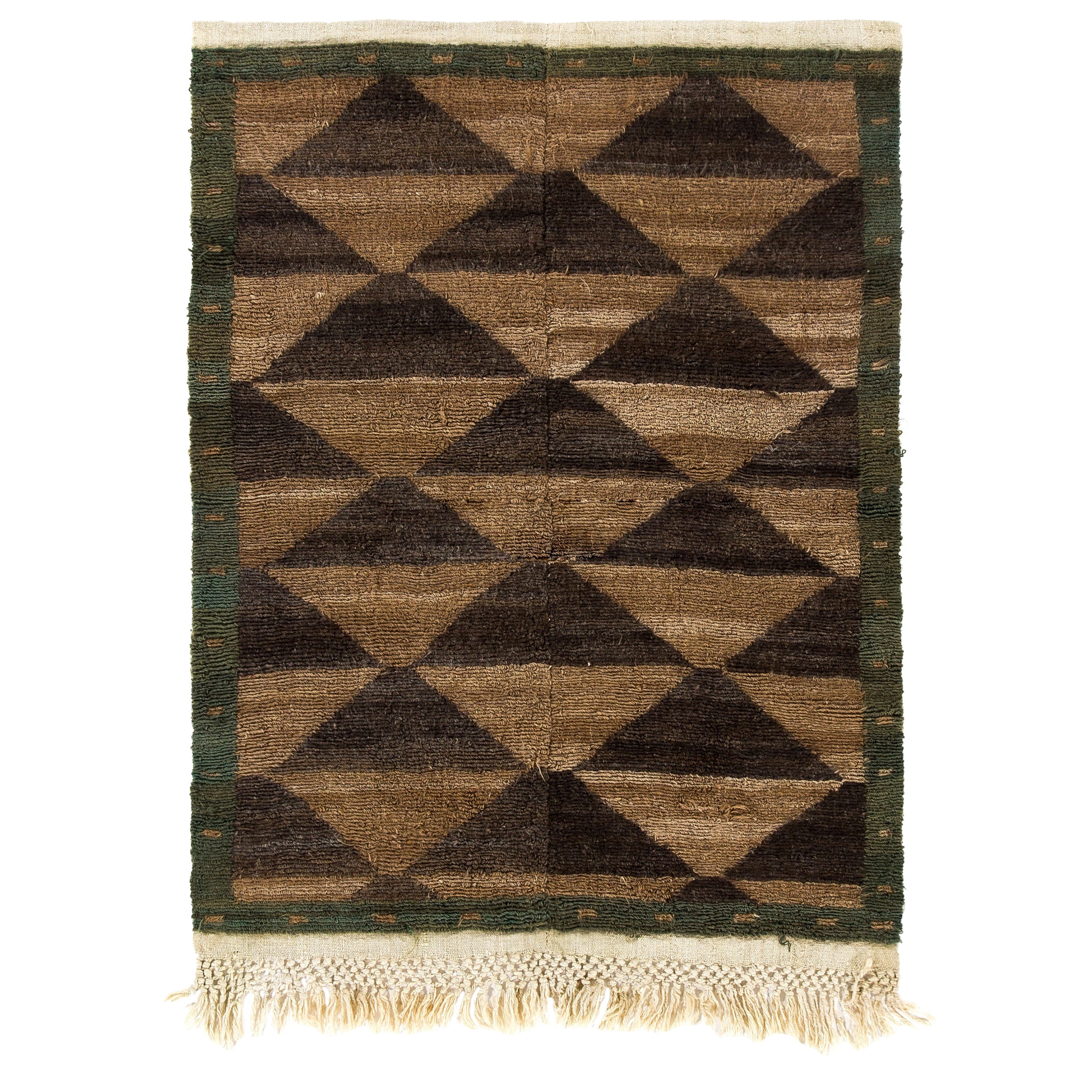 Alfombra Tulu anudada a mano, 100% lana. Colores marrón y verde. Opciones personalizadas disponibles