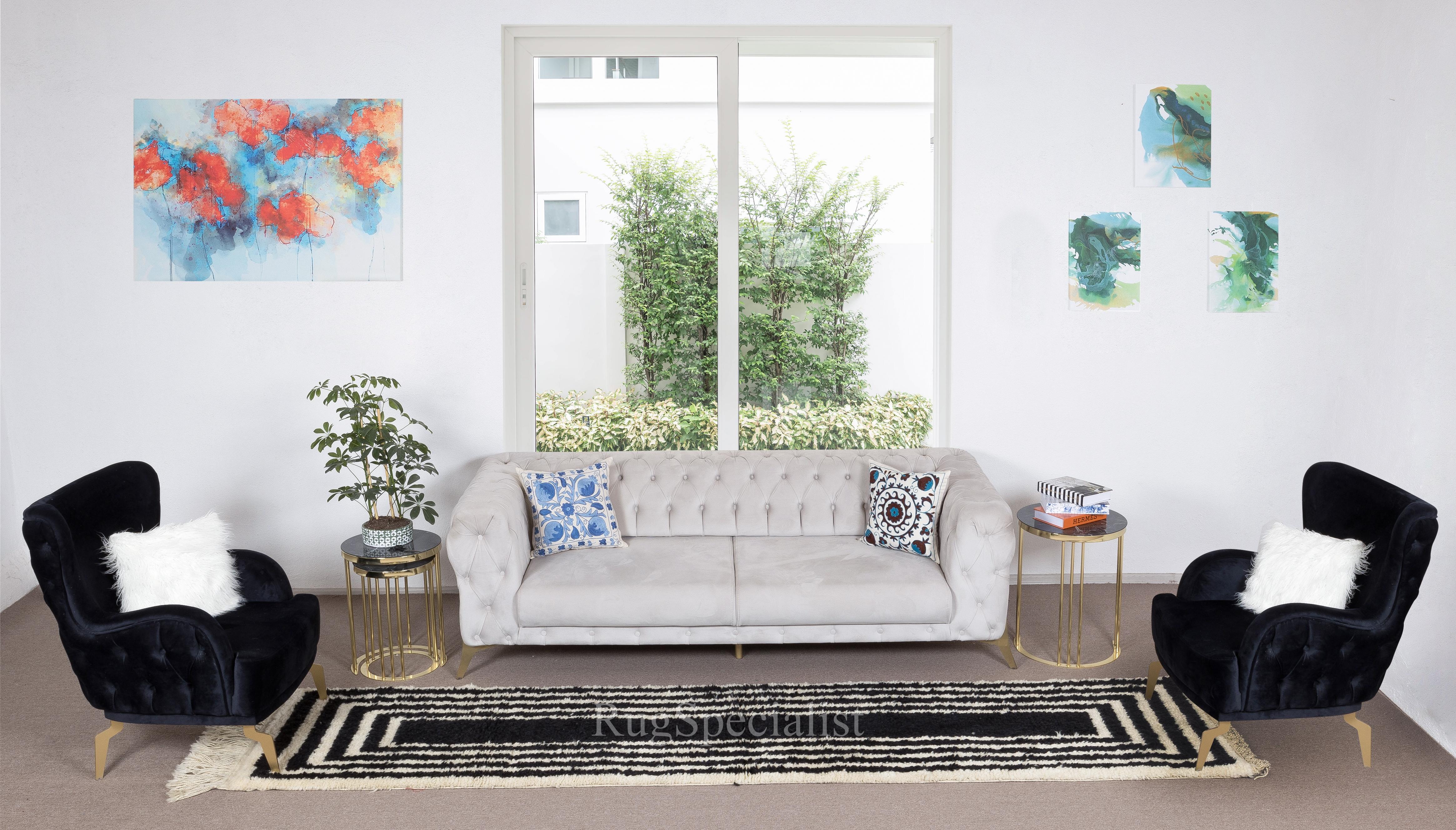 100% Natural Hand-Spun Wool of finest quality.

Available as seen or can be CUSTOM PRODUCED in any Design, Size, Color Combination and Pile Thickness requested. 

These beautiful hand-knotted rugs are produced from scratch in our atelier located in