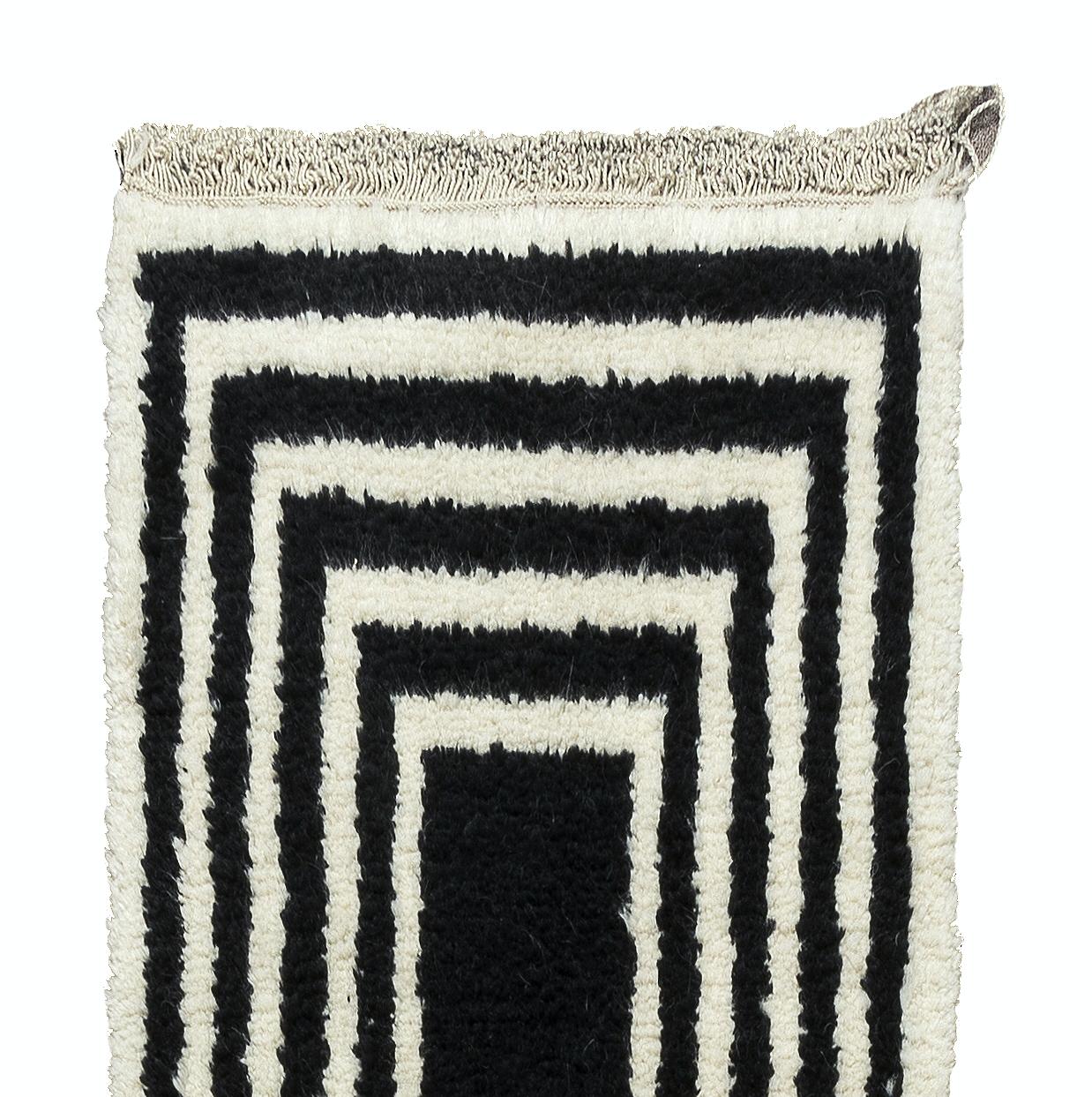 Contemporary Handmade Tulu Runner Rug Made of Black and Cream Wool. Custom Options Available For Sale